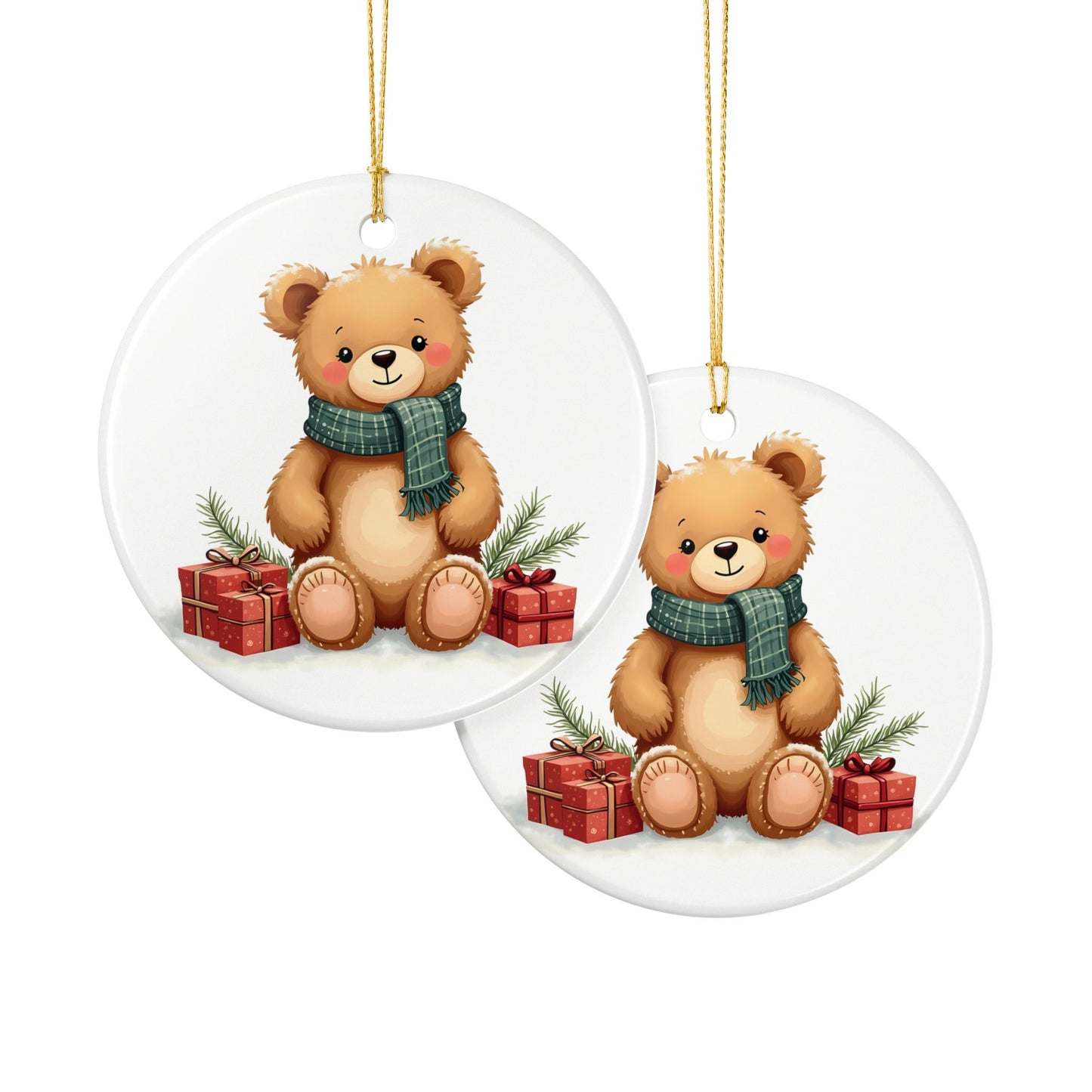 Teddy Bear Christmas Ornament — Cute Holiday Ceramic Tree Decor (Two-Sided)