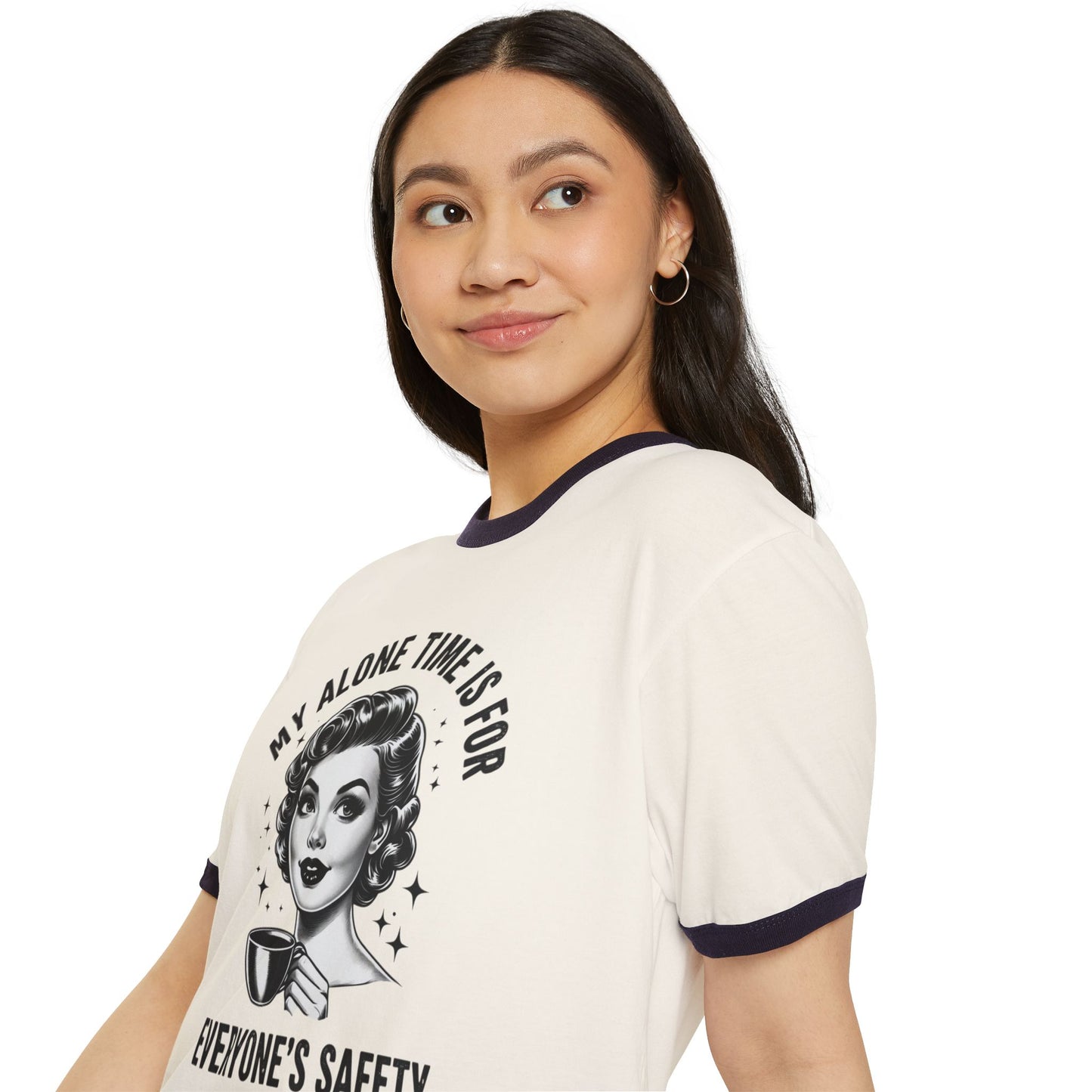 Vintage Retro Ringer T‑Shirt — “My Alone Time Is For Everyone’s Safety” Coffee Graphic