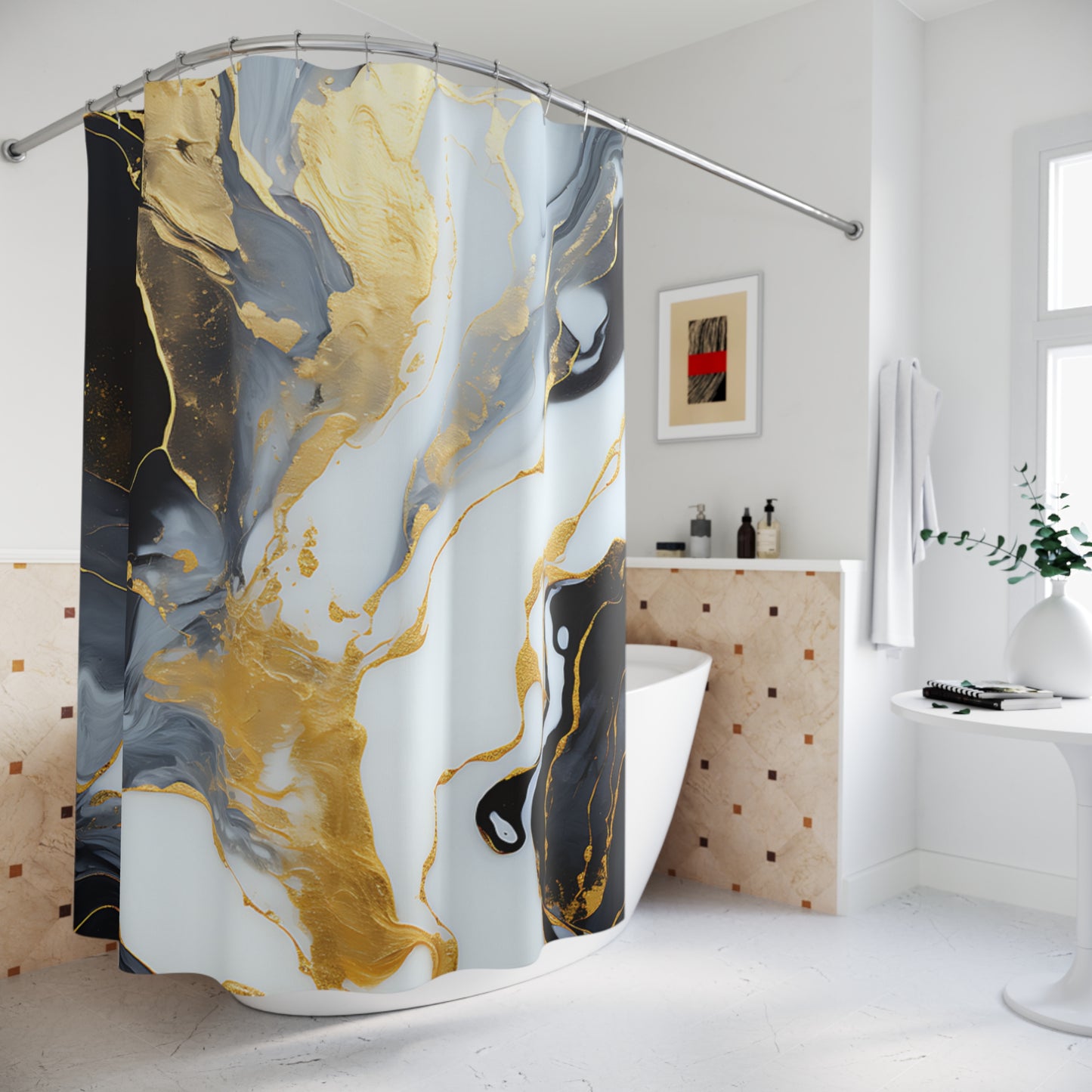 Marble Gold Abstract Shower Curtain — Luxe Black & White Bath Decor