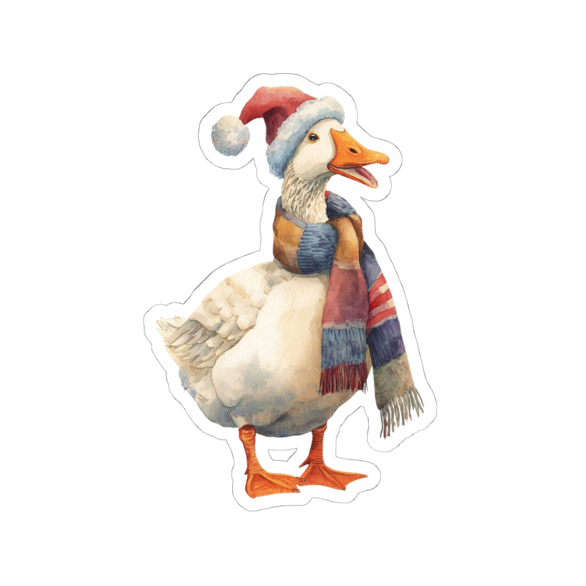 Festive Goose Kiss-Cut Sticker — Holiday Duck with Santa Hat & Cozy Scarf