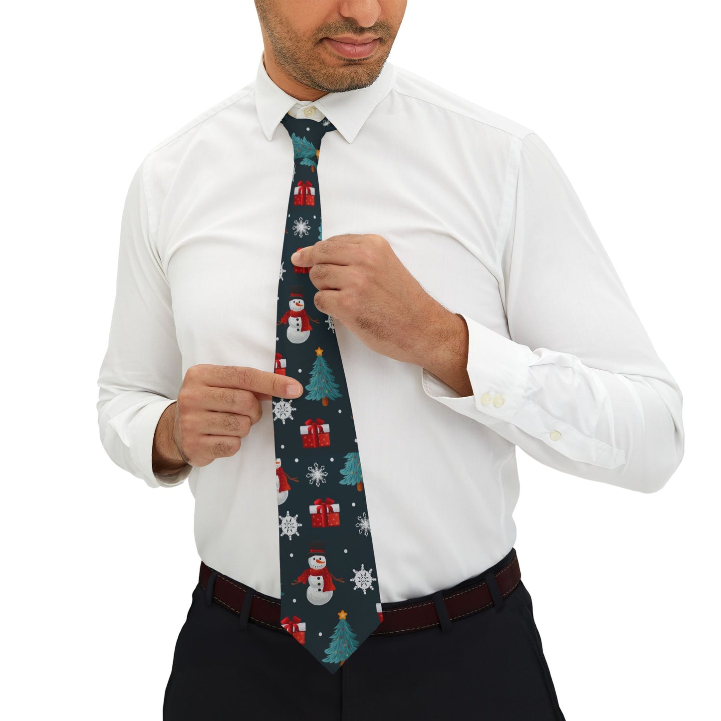 Christmas Necktie with Snowmen and Trees