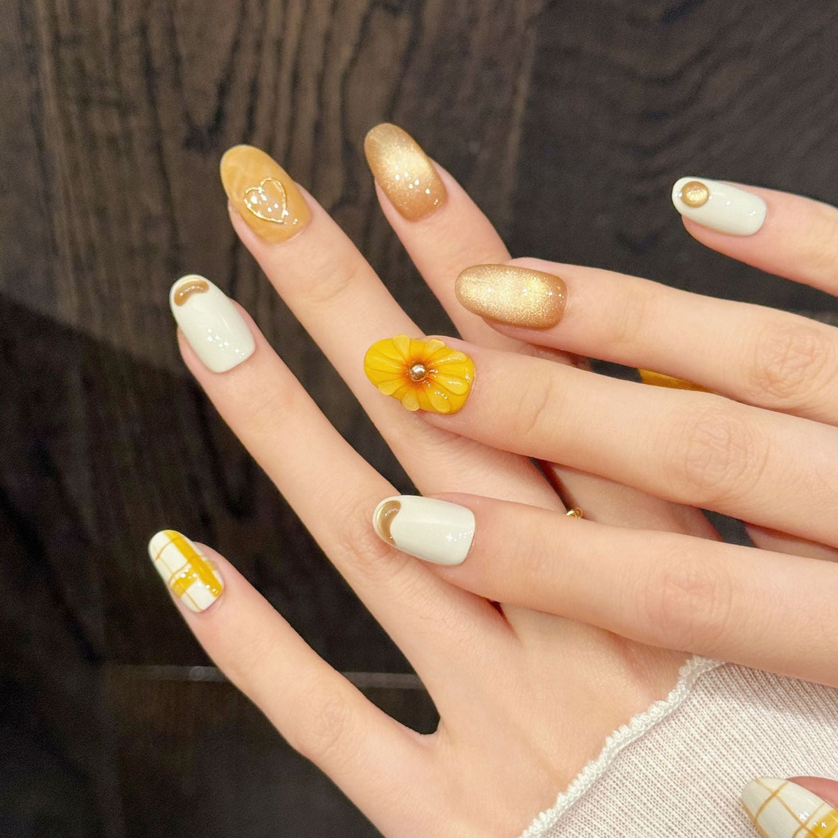 Yellow Plaid Flower Cute Press On Nails – Image 3