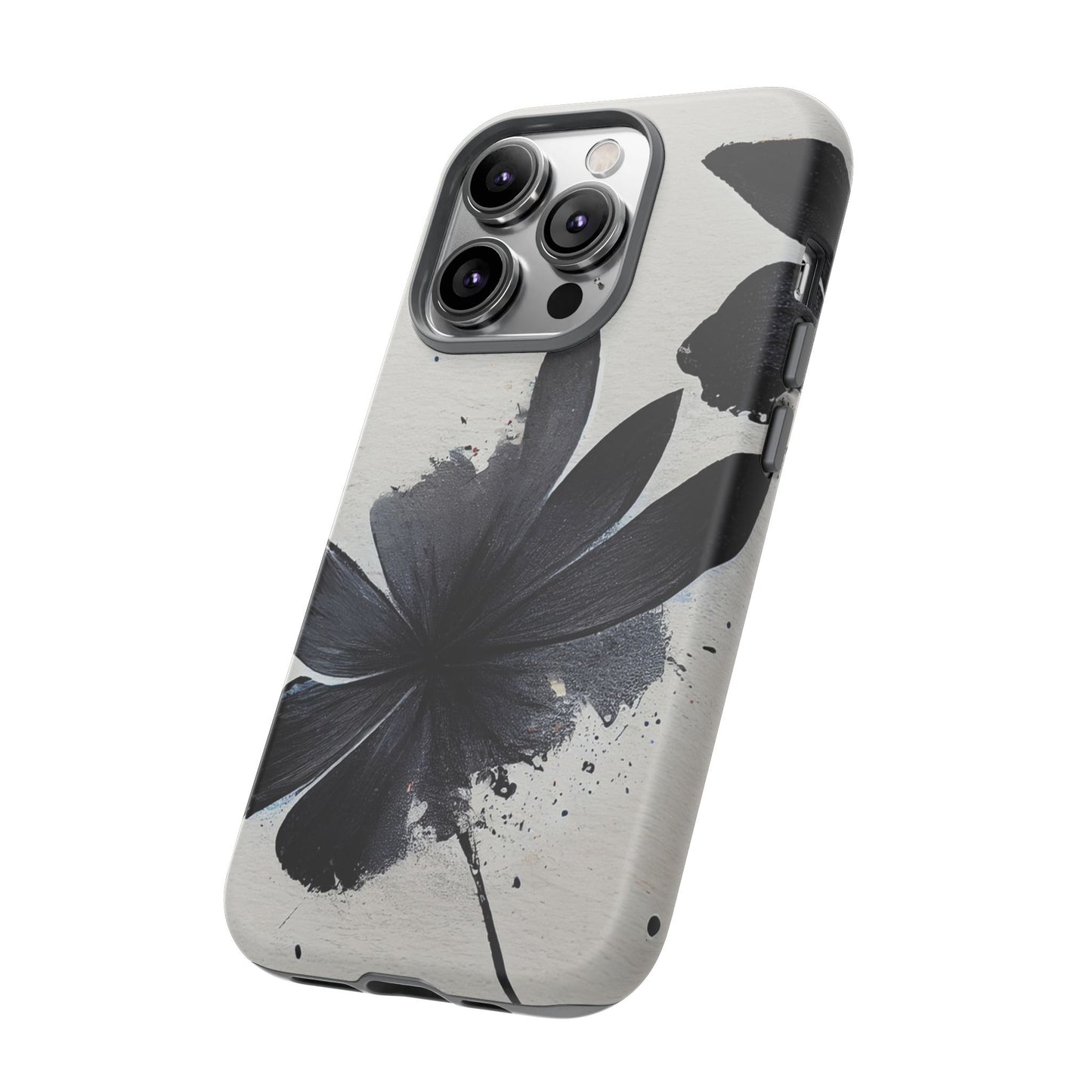 Monochrome Floral Tough Phone Case — Black Ink Flower Protective Cover