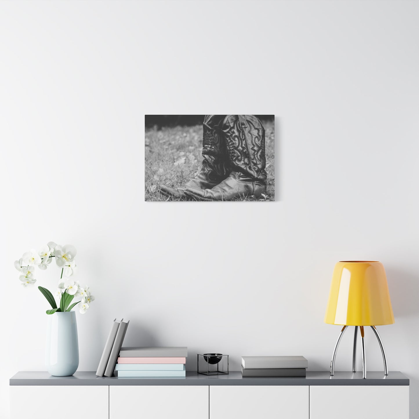 Western Cowboy Boots Matte Canvas Wall Art – Black & White Rustic Country Decor