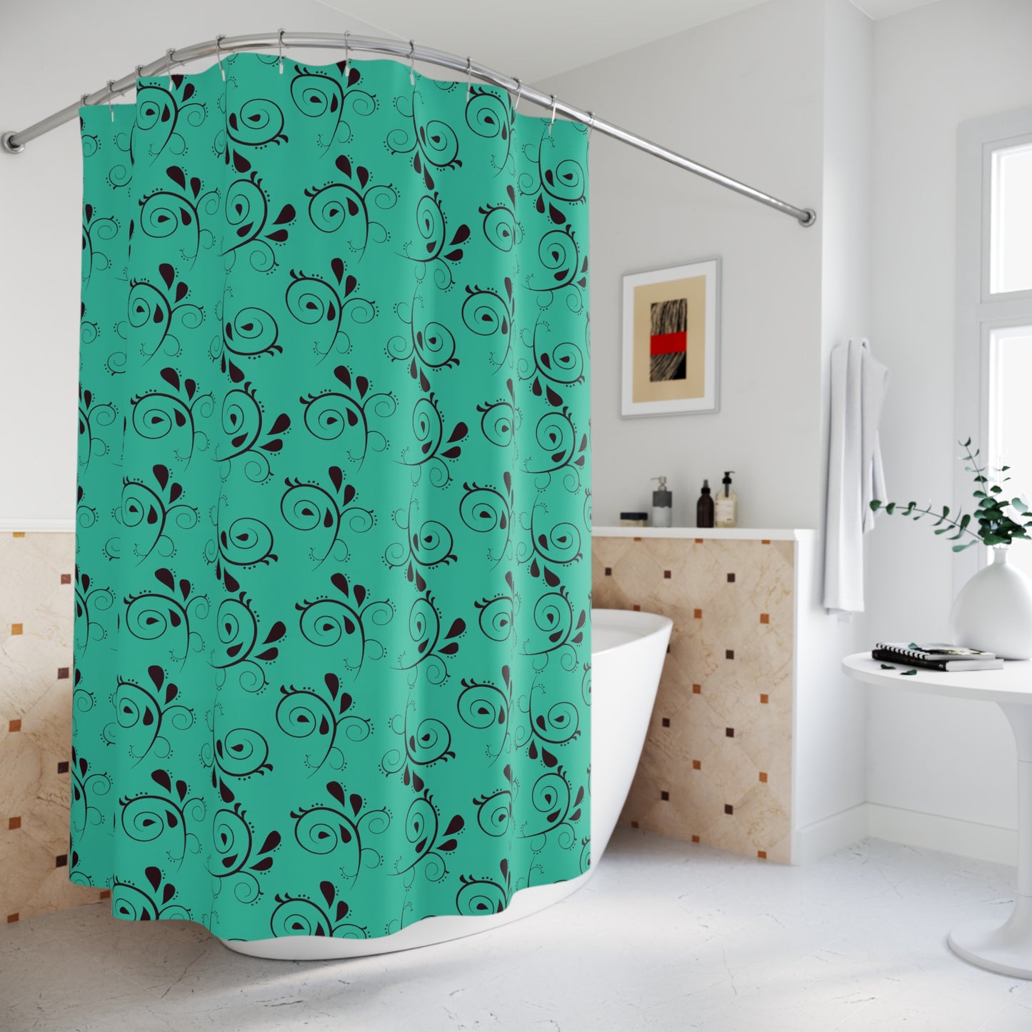 Teal Swirl Floral Shower Curtain – Elegant Black Vine Pattern Bathroom Décor