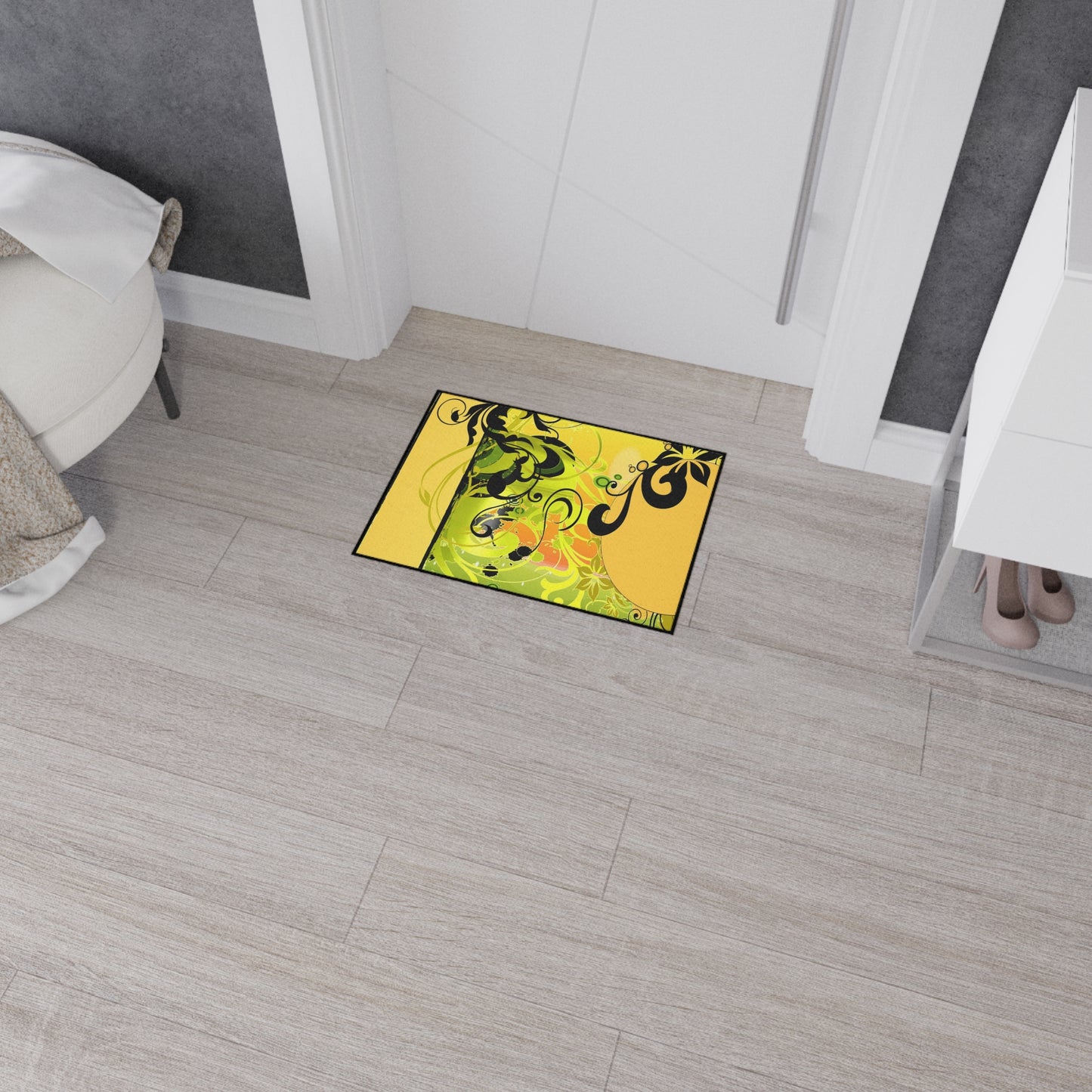 Floral Swirl Heavy Duty Floor Mat — Yellow Green Decorative Entry Rug