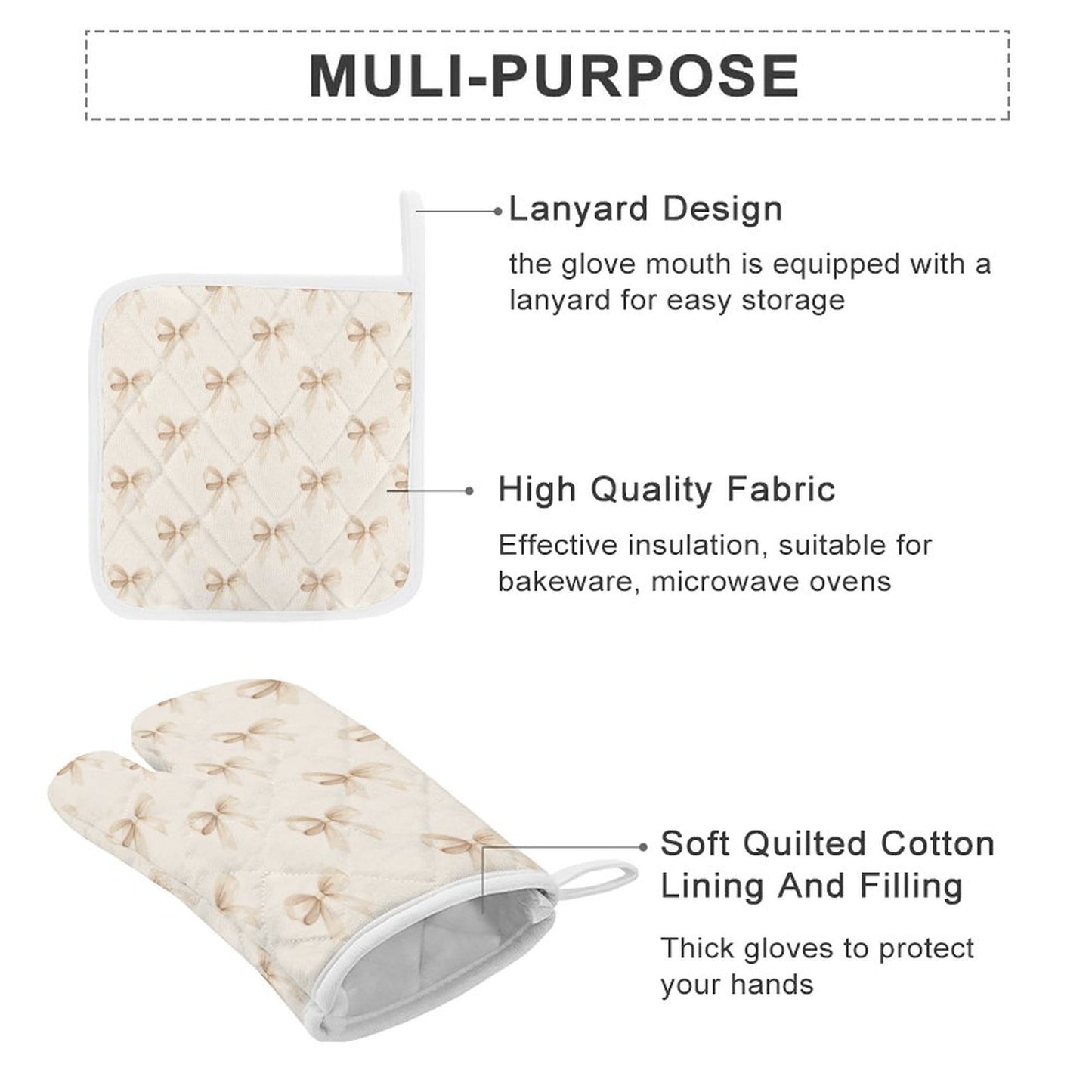 Oven Mitts & Pot Holder Set of 3 Ribbons