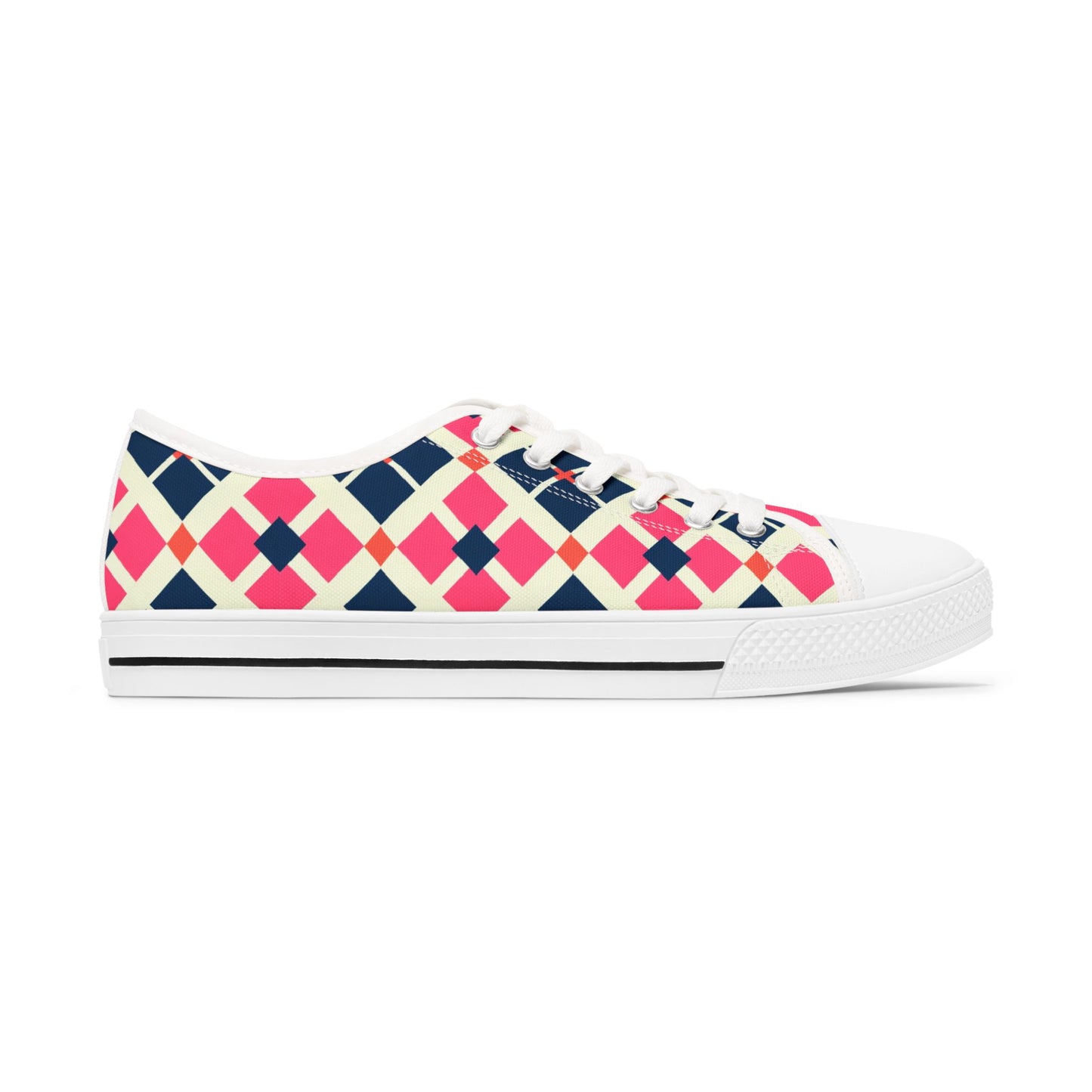 Argyle Pattern Low Top Sneakers — Pink Navy Geometric Casual Shoes
