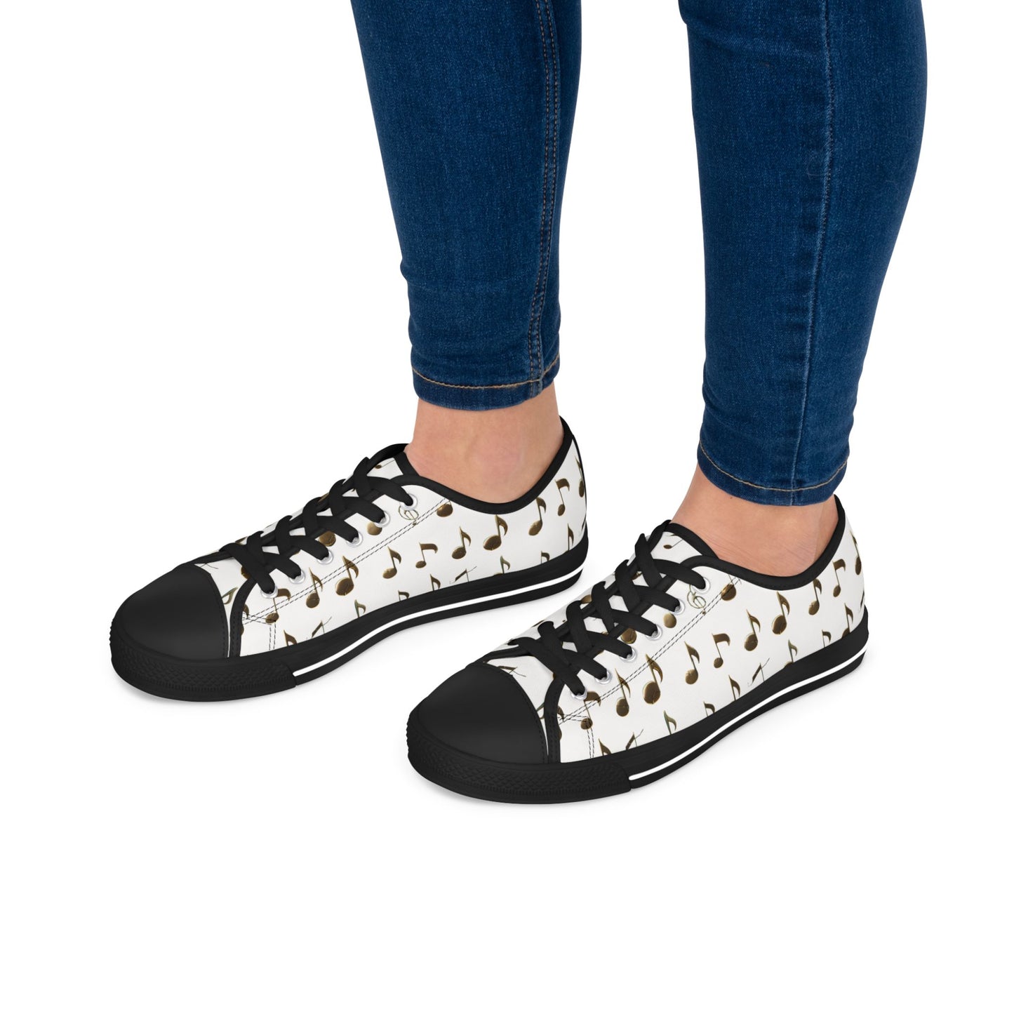 Music Note Low-Top Sneakers — White Casual Canvas Shoes with Musical Notes Pattern