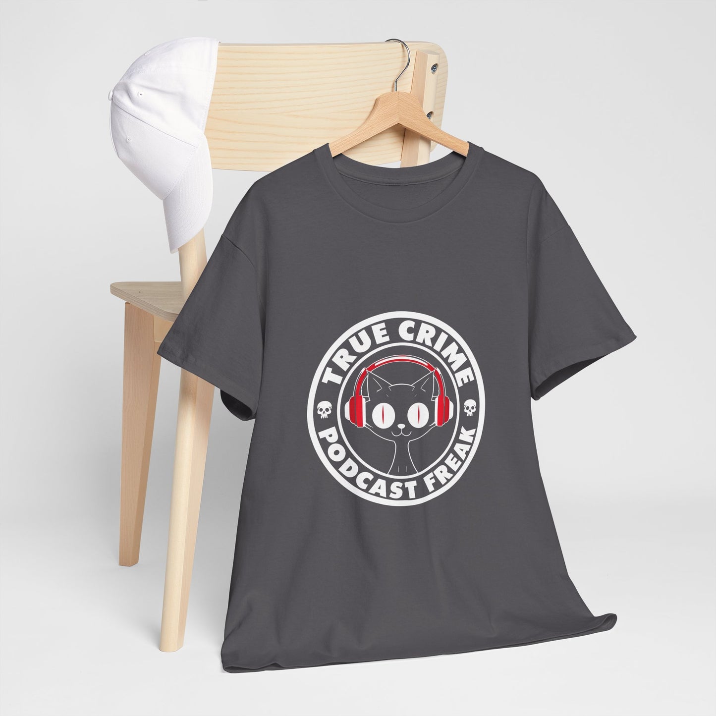 True Crime Podcast Tee — Cat with Headphones Logo