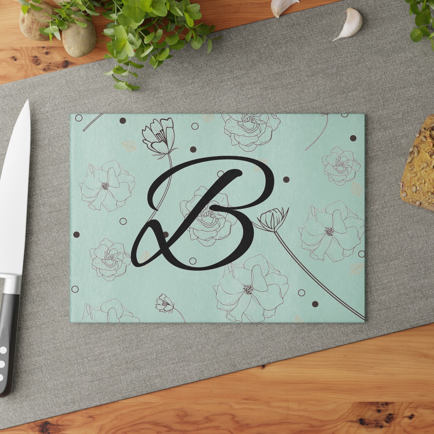 Floral Monogram Glass Cutting Board - Personalized Kitchen Decor