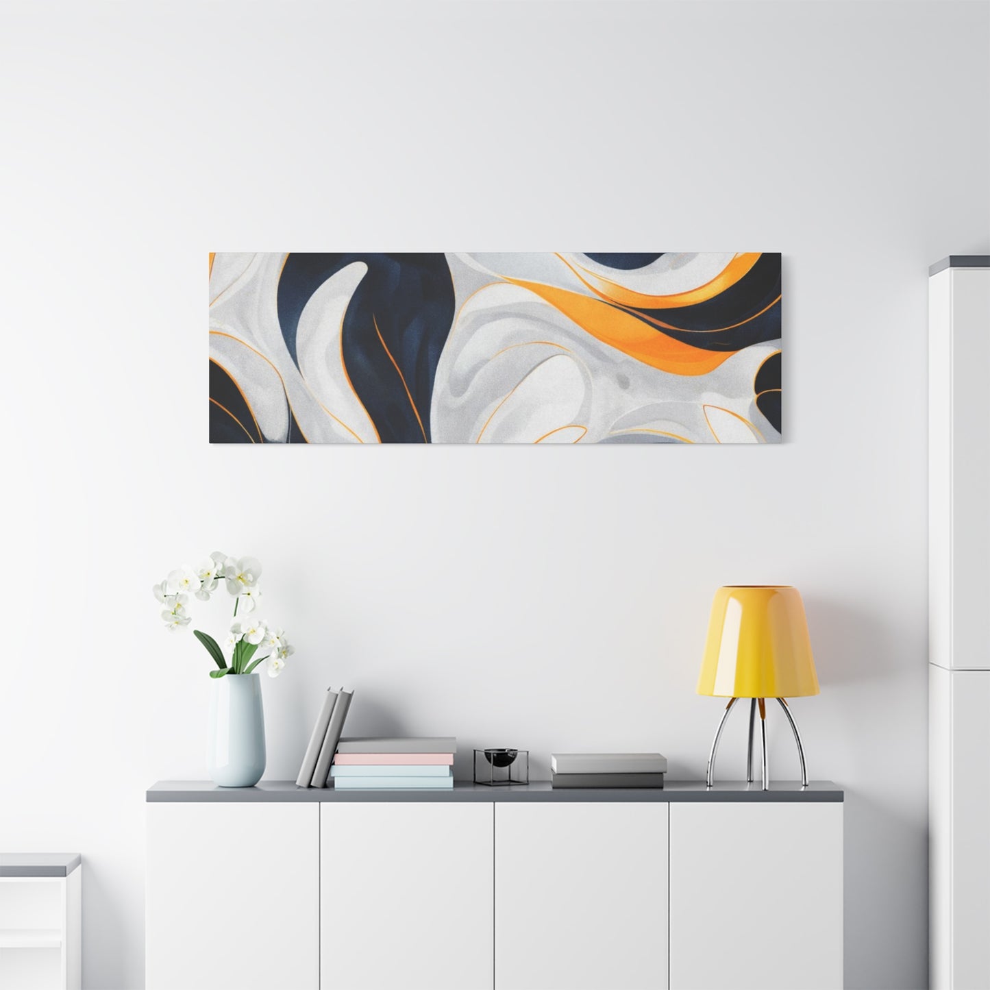 Abstract Fluid Art Matte Canvas Print — Navy, Gold & White Stretched Wall Art
