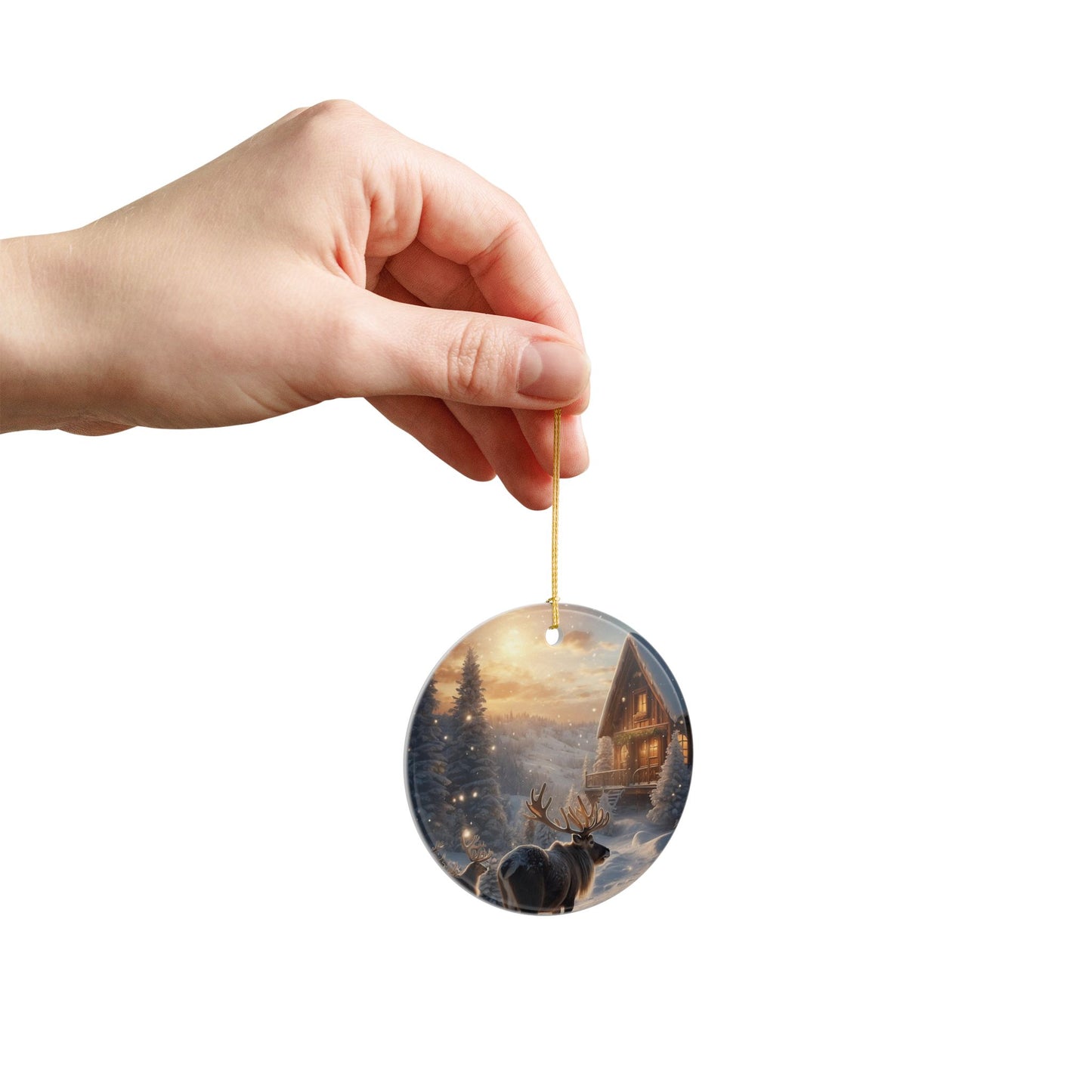 Rustic Winter Cabin Ceramic Ornament — Reindeer Scene Holiday Tree Decoration