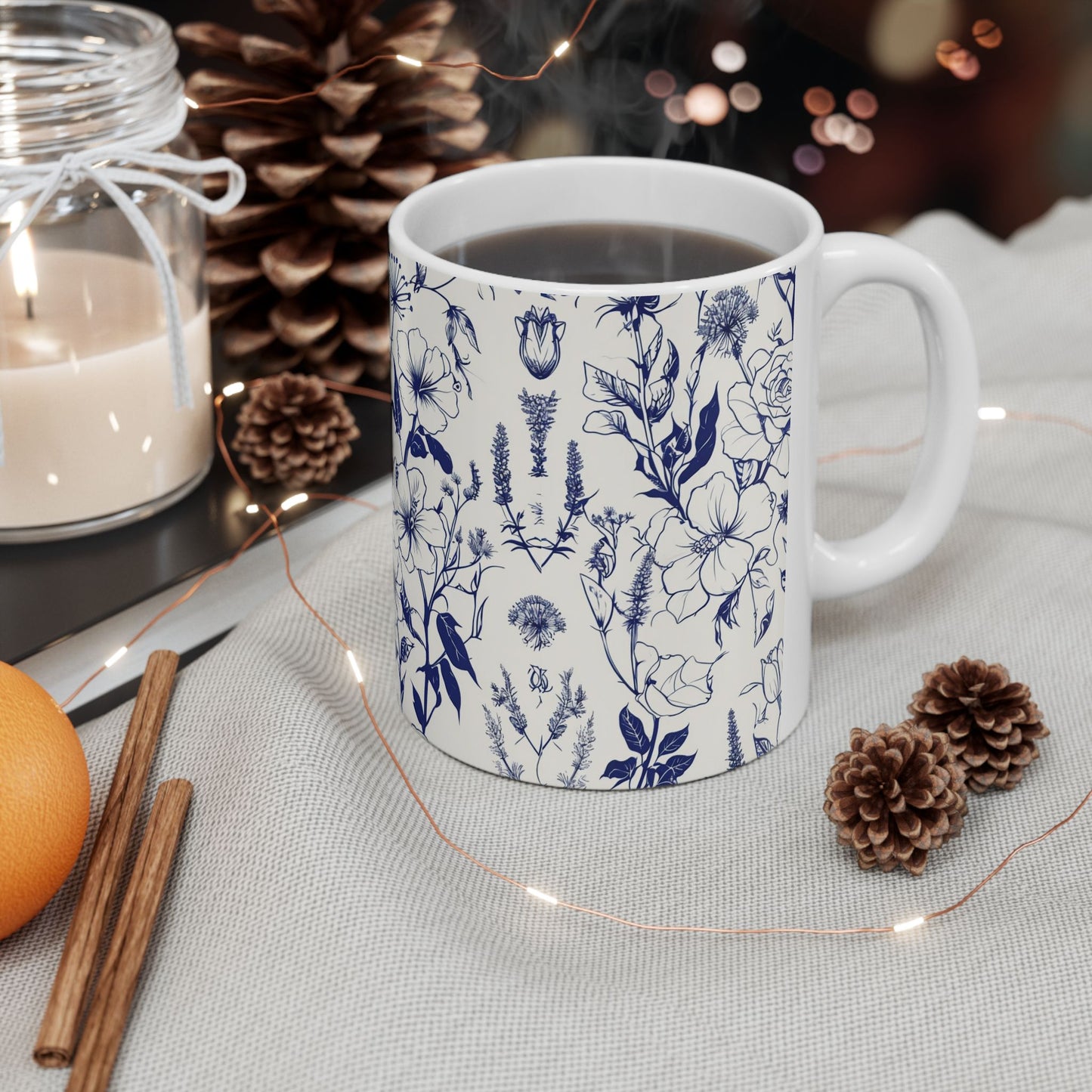 Blue Floral Ceramic Mug — Vintage Navy Botanical Coffee Cup (11oz, 15oz)