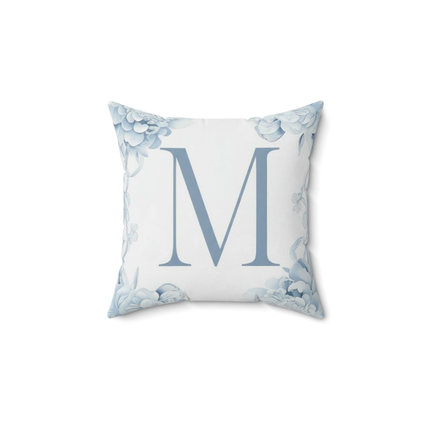 Monogram M Floral Pillow — Blue Initial Throw Pillow with insert