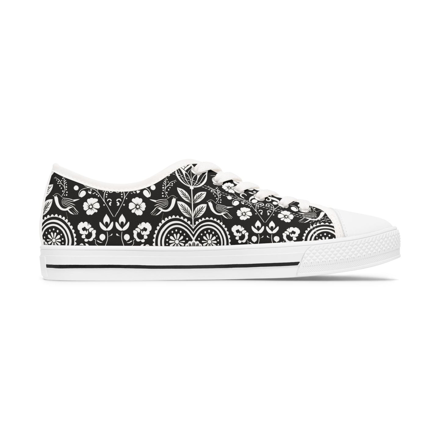 Low Top Sneakers — Black White Paisley Floral Pattern
