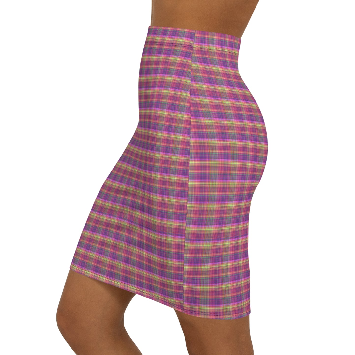 Pink Plaid Mid-Waist Pencil Skirt — Classic Tartan Print