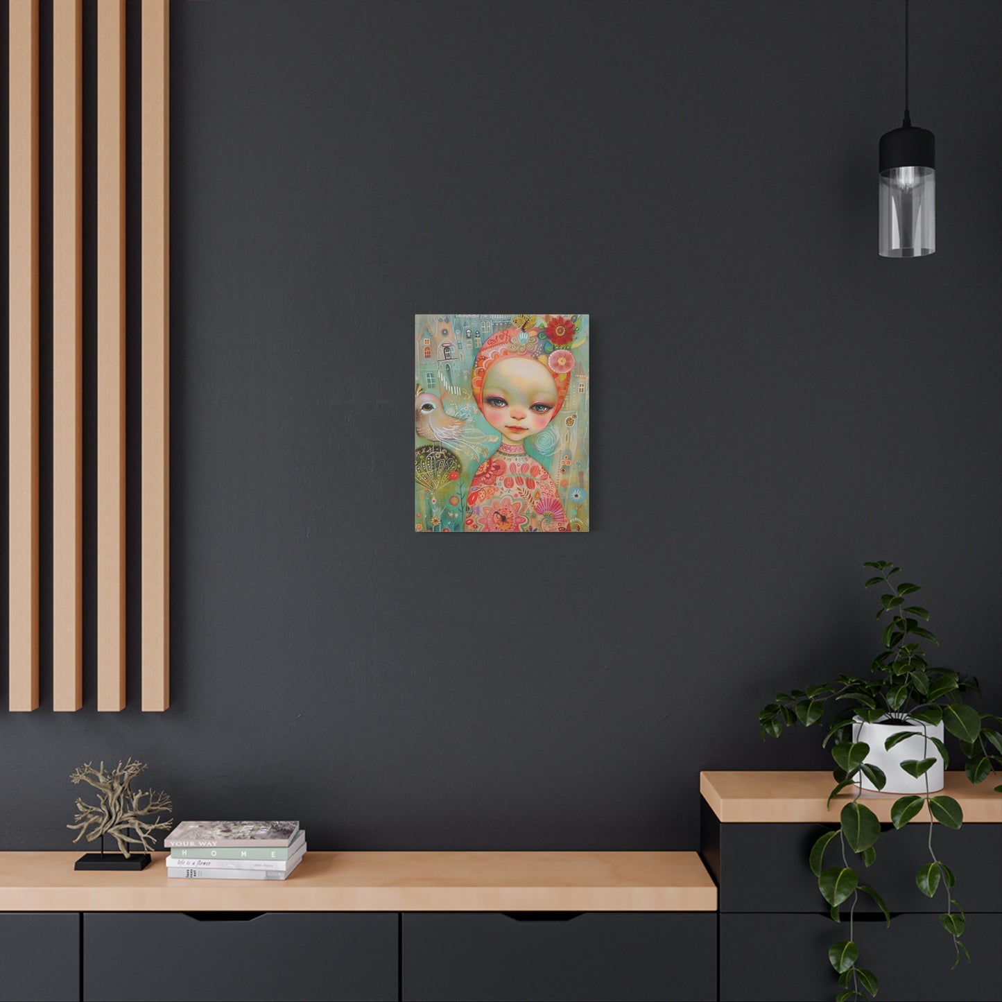 Whimsical Girl & Bird Matte Canvas Wall Art — Stretched Decorative Painting
