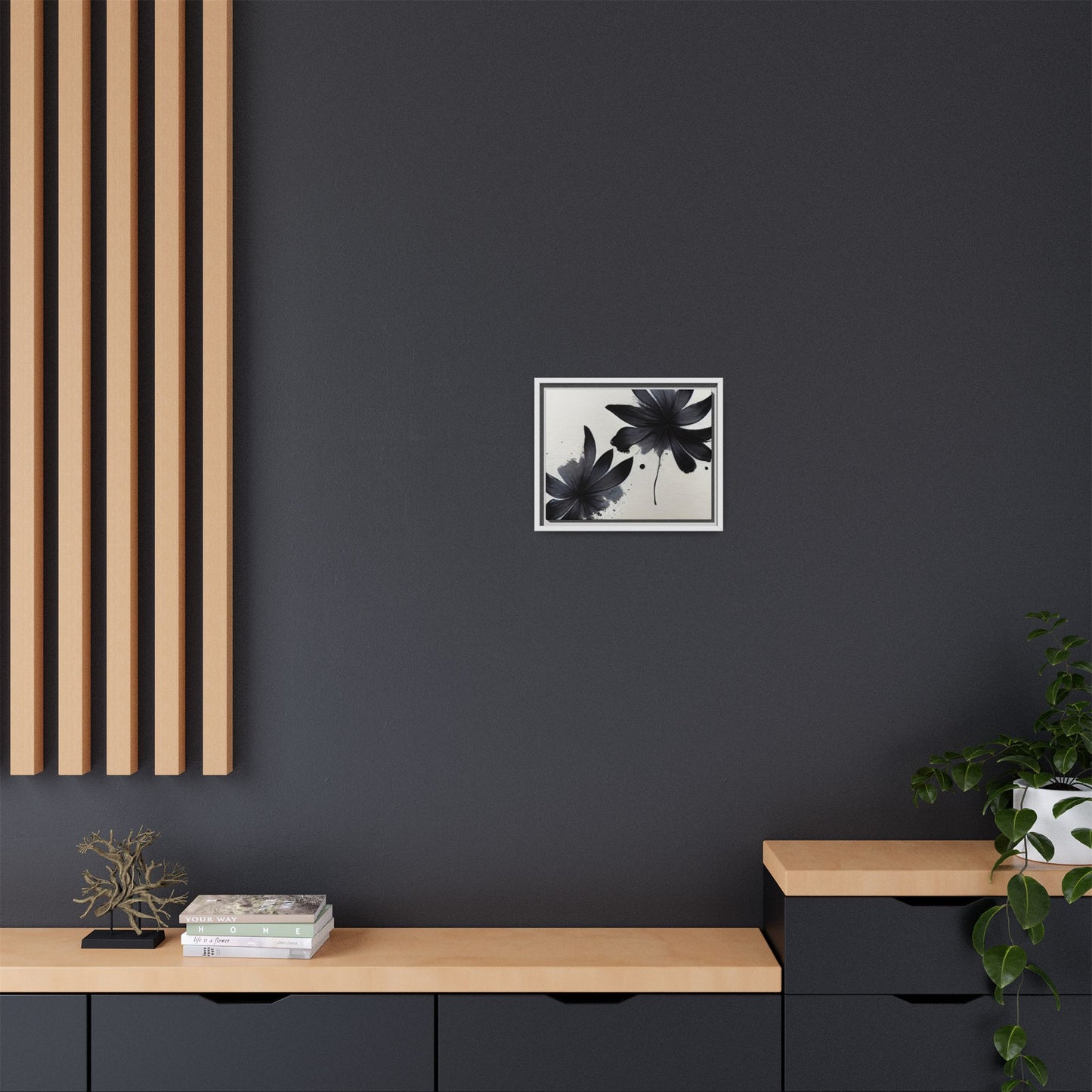 Framed Black Floral Matte Canvas Wall Art — Monochrome Botanical Print