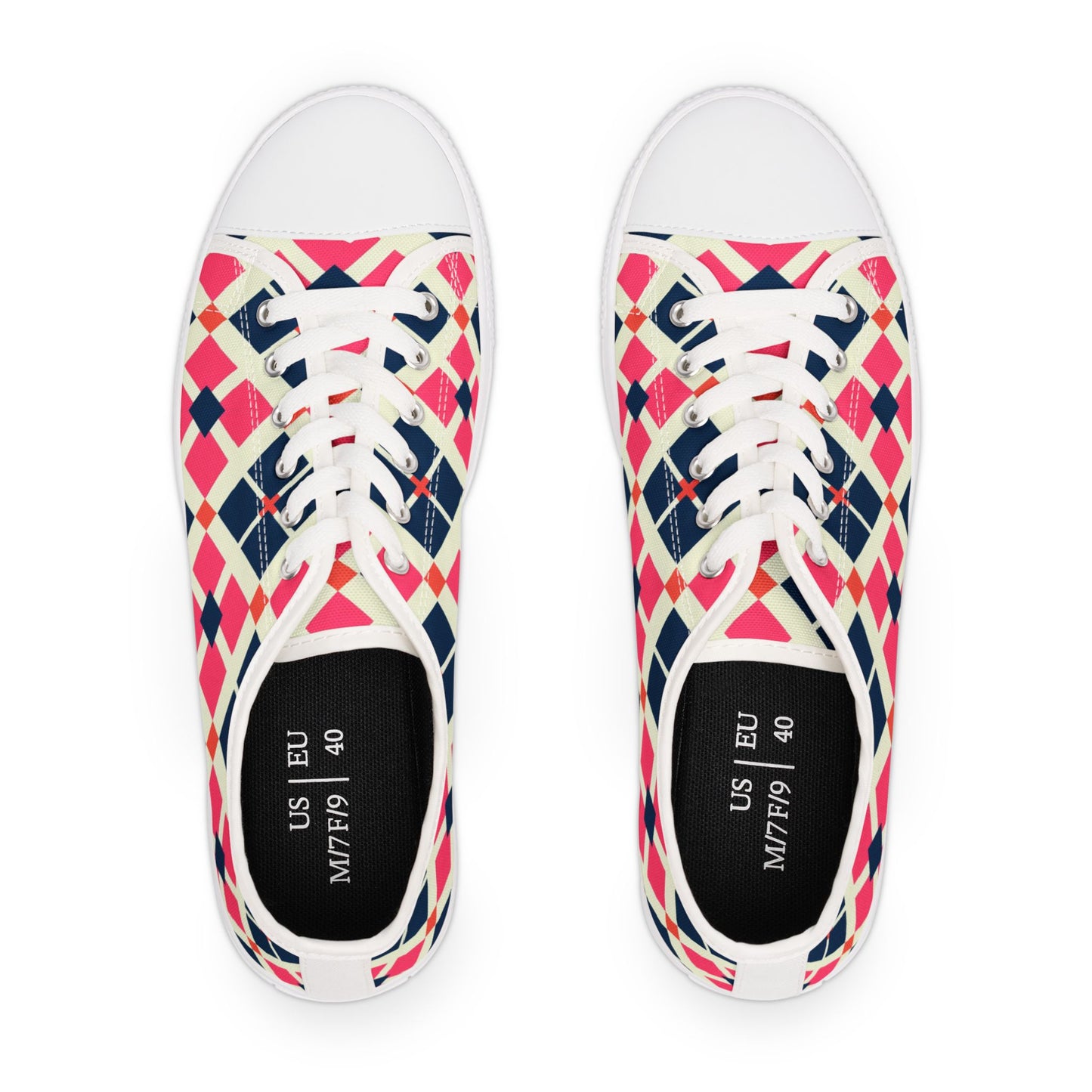 Argyle Pattern Low Top Sneakers — Pink Navy Geometric Casual Shoes