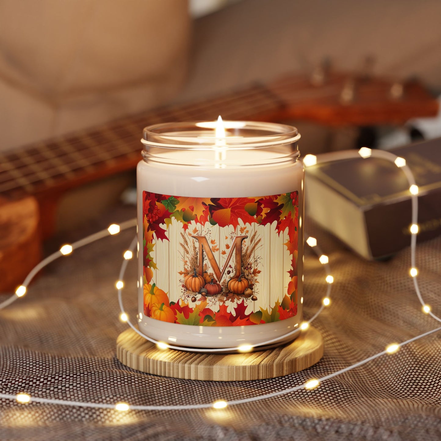 Autumn Monogram Soy Candle — 9oz Fall Pumpkin Scented Candle with Letter M