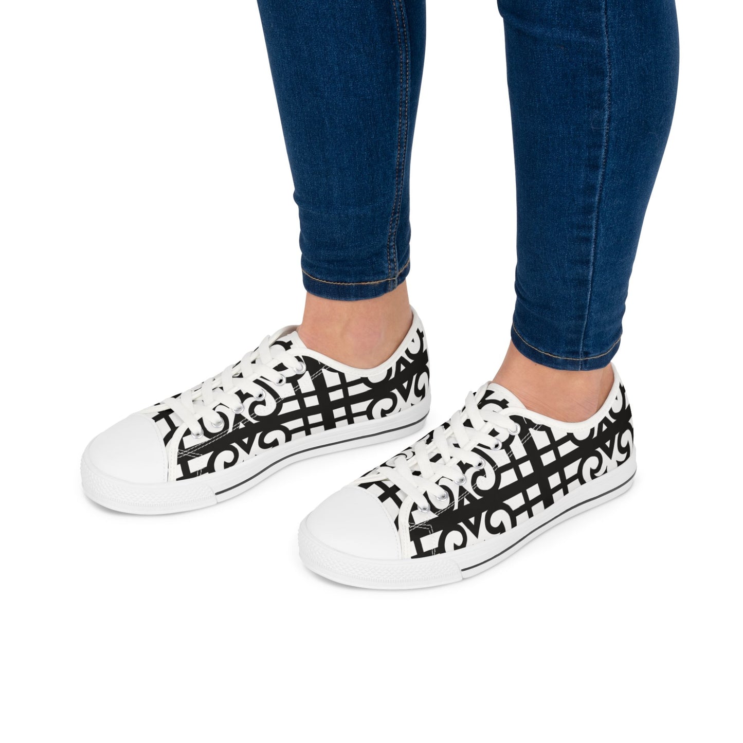 Low Top Sneakers — Black & White Geometric Lattice Pattern
