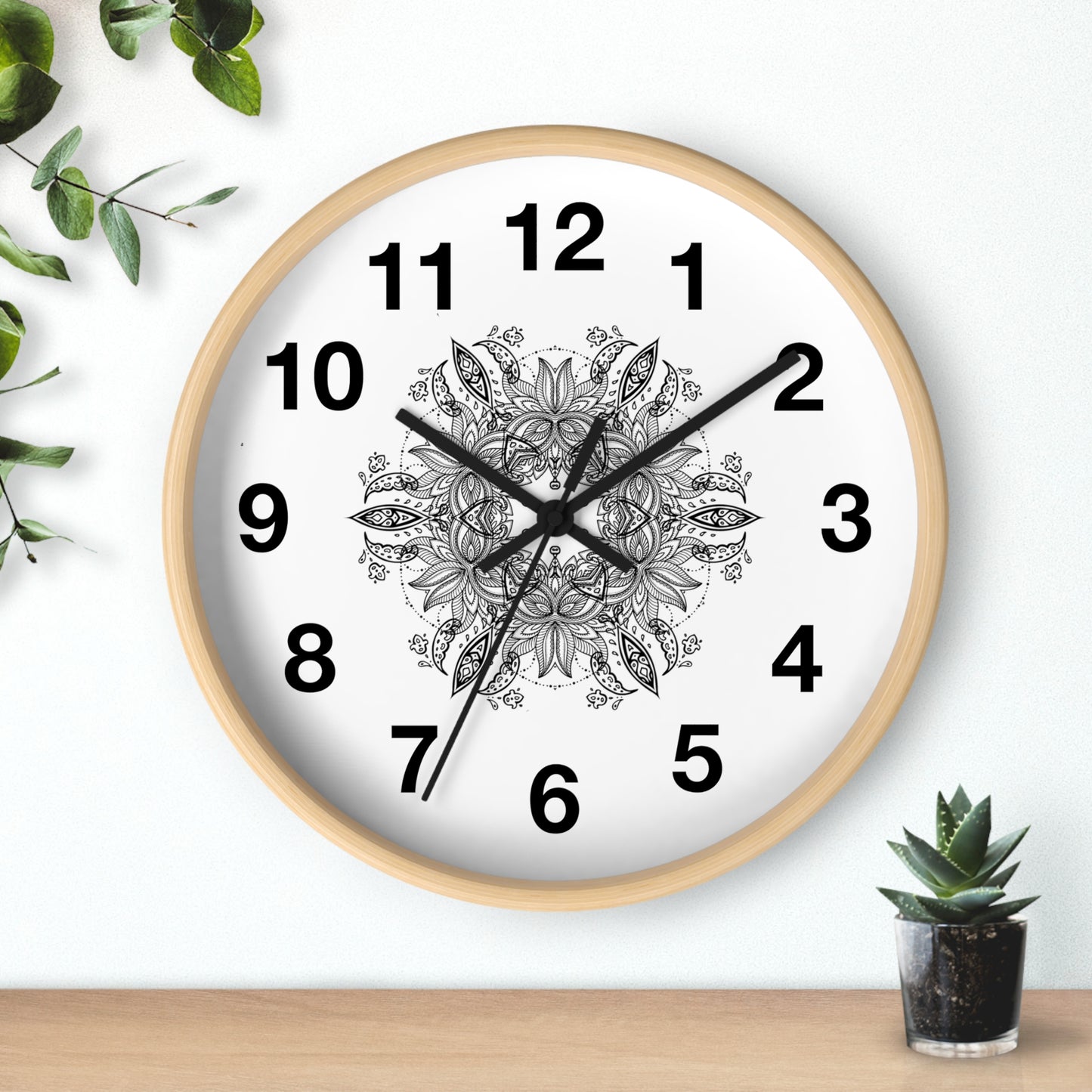 Mandala Wall Clock — Black & White Floral Boho Home Décor