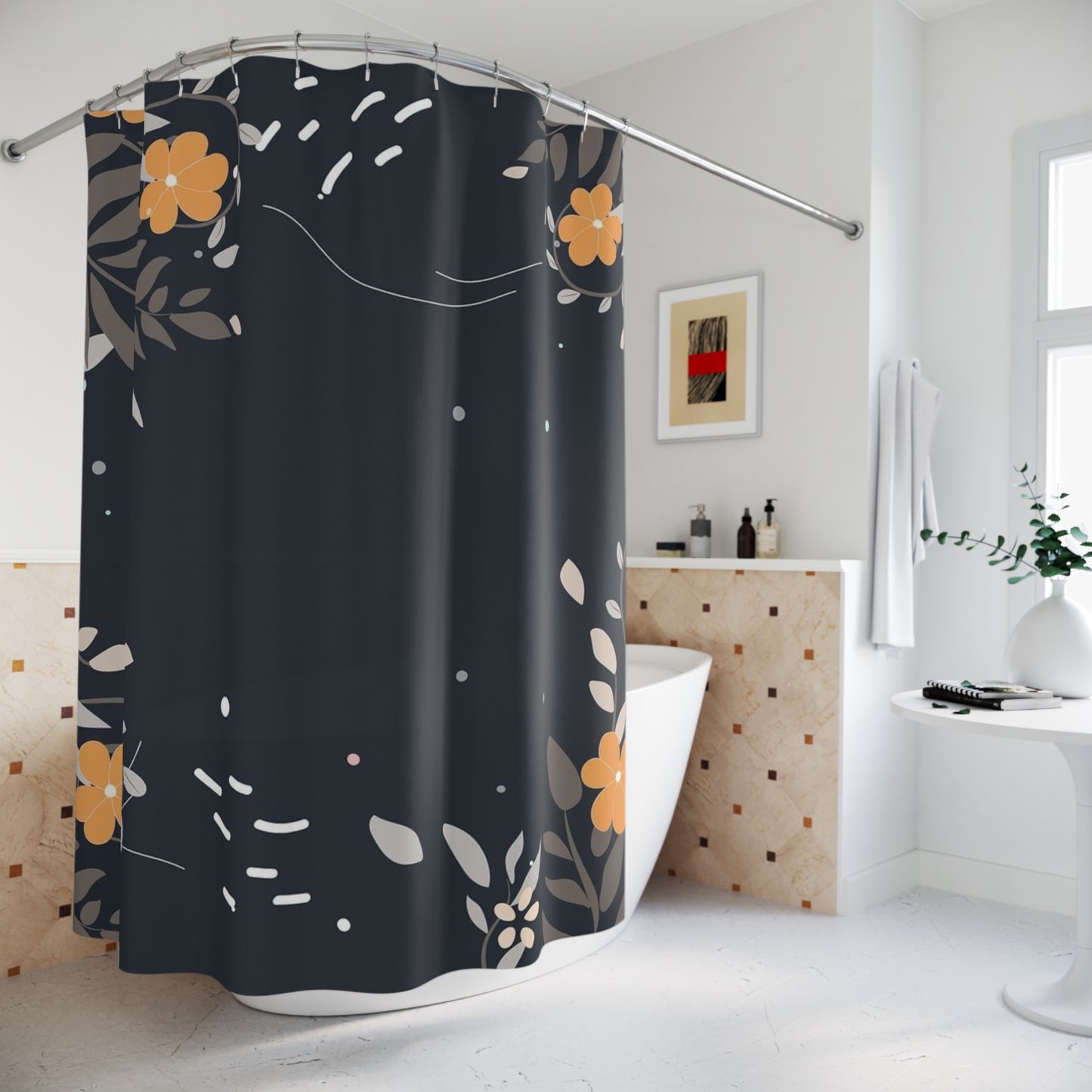 Dark Floral Shower Curtain — Modern Navy Bathroom Decor with Orange Blooms