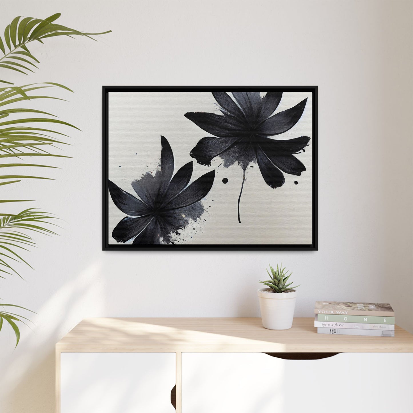 Framed Black Floral Matte Canvas Wall Art — Monochrome Botanical Print