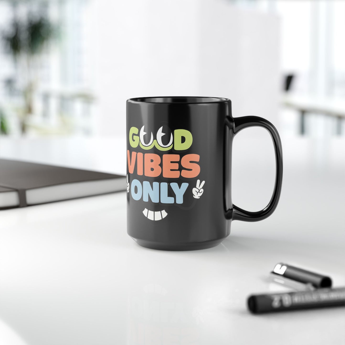 Good Vibes Only Black 15oz Mug — Retro Peace Sign Coffee Cup