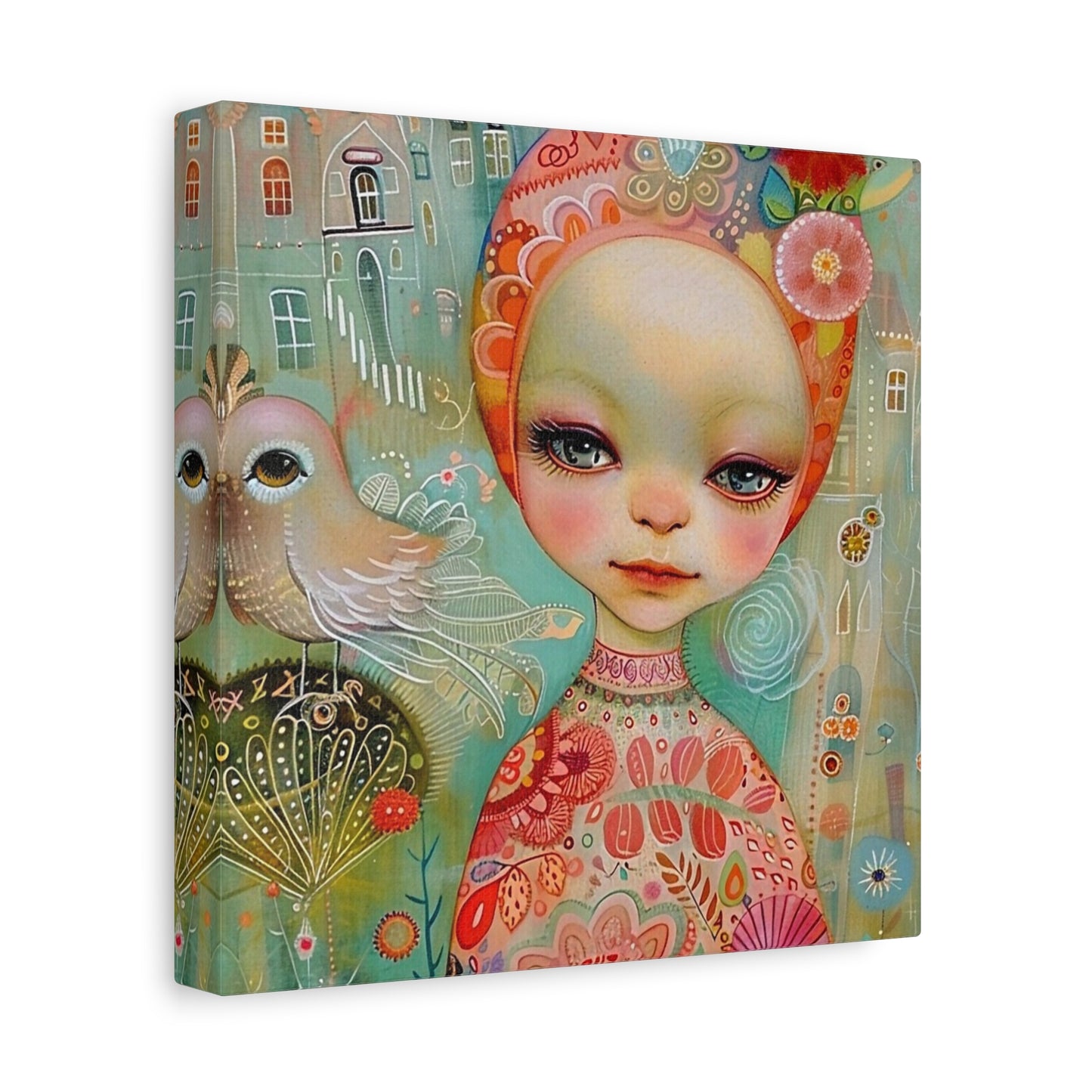 Whimsical Girl & Bird Matte Canvas Wall Art — Stretched Decorative Painting