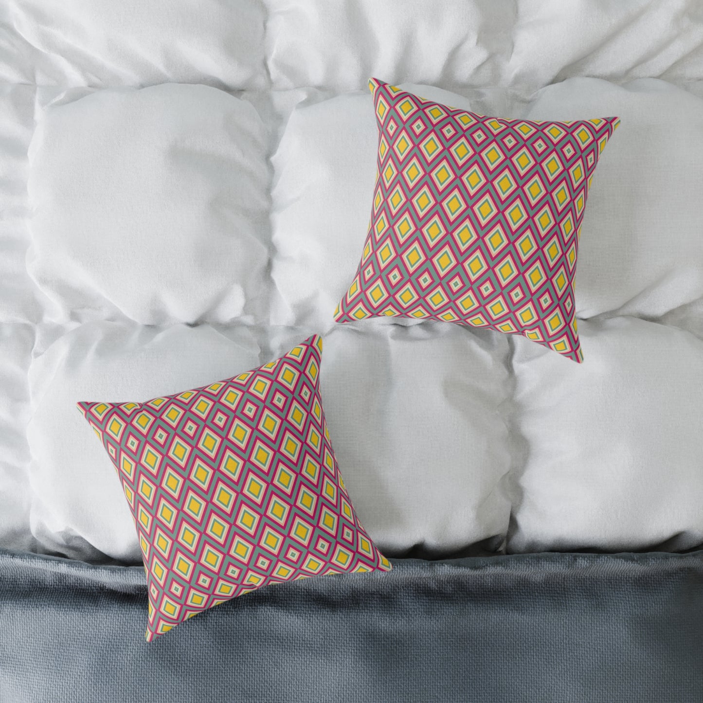 Geometric Retro Diamond Throw Pillow — Pink & Mustard Accent Cushion