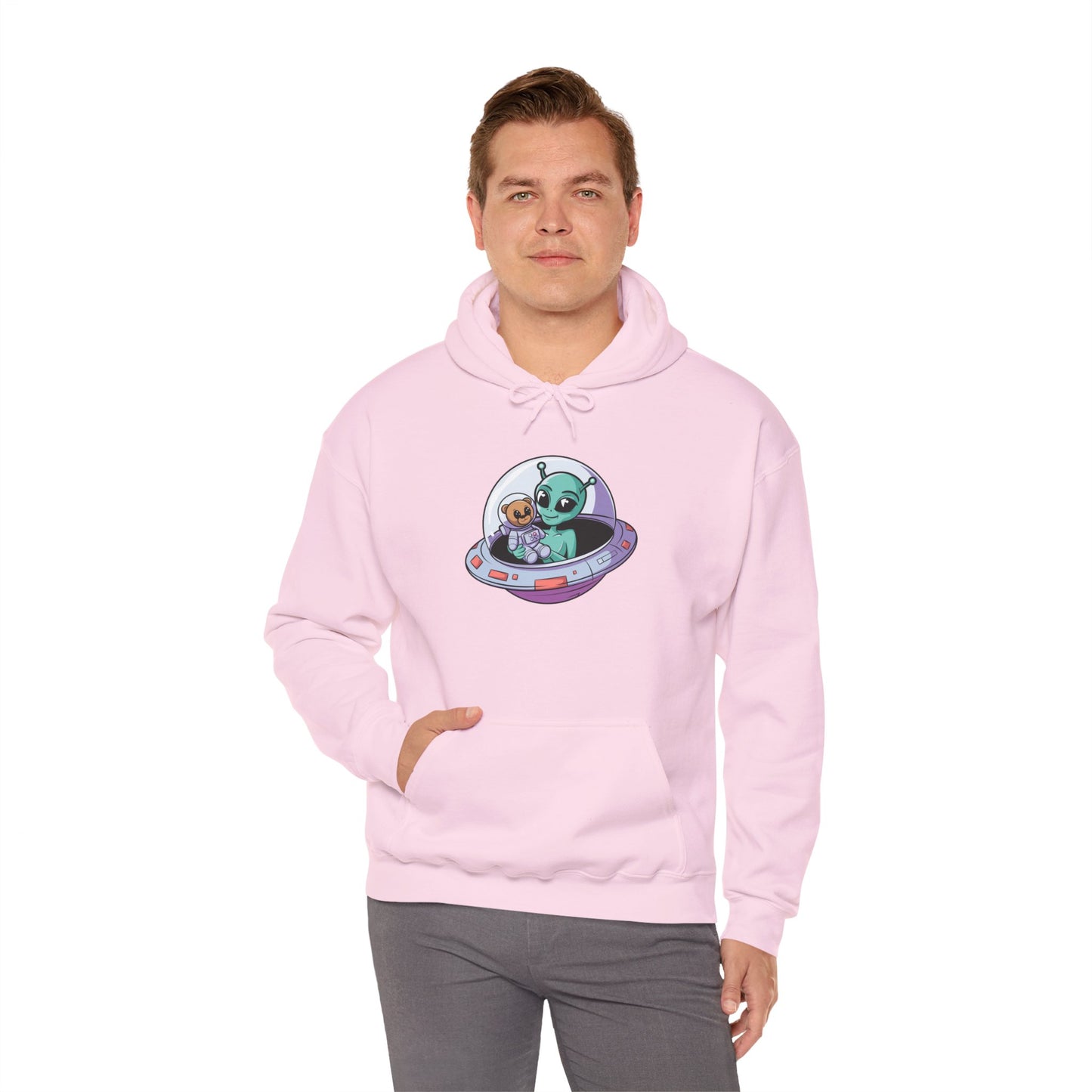 Cute Alien and Kid Hoodie, Unisex Heavy Blend Sweatshirt, UFO Lover Gift, Halloween Costume, Space-Themed Outfit, Birthday Present