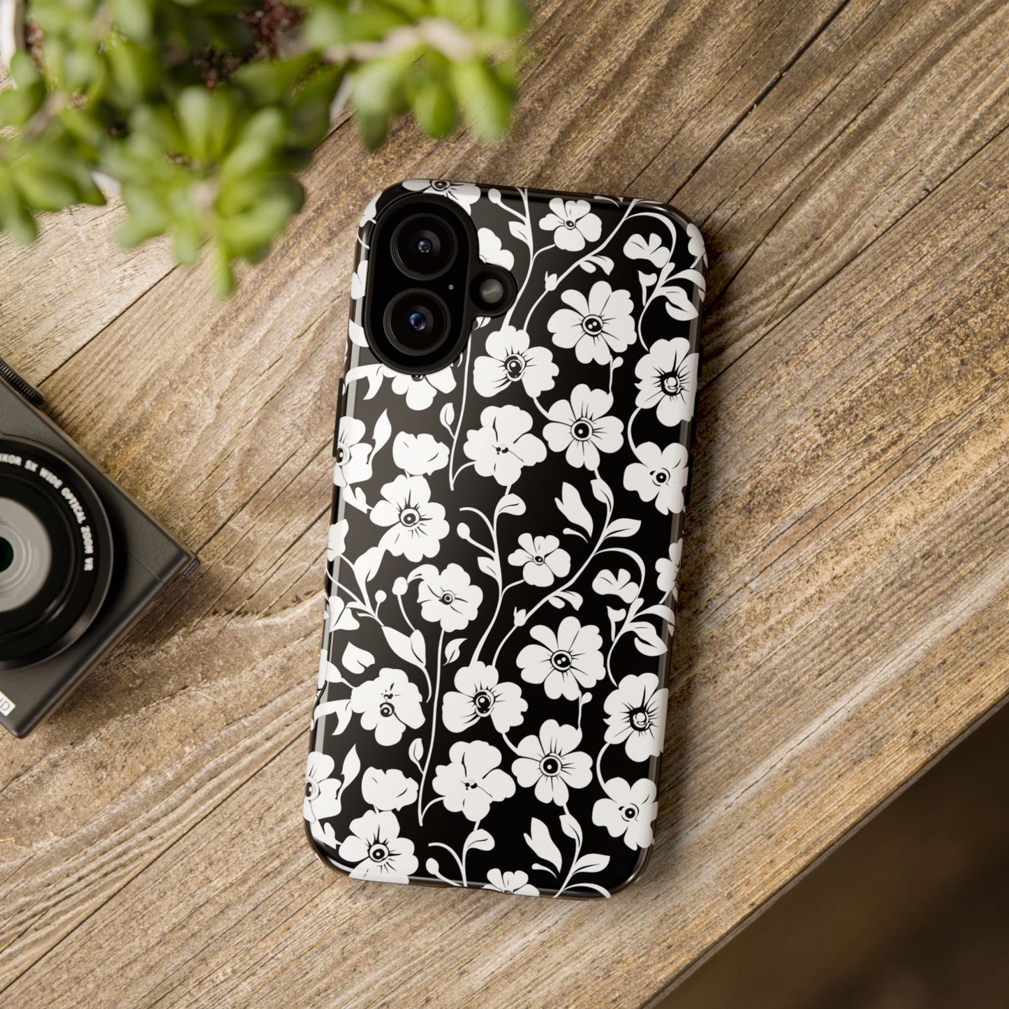 Floral Noir Tough Phone Case — Black & White Flower Protective Cover