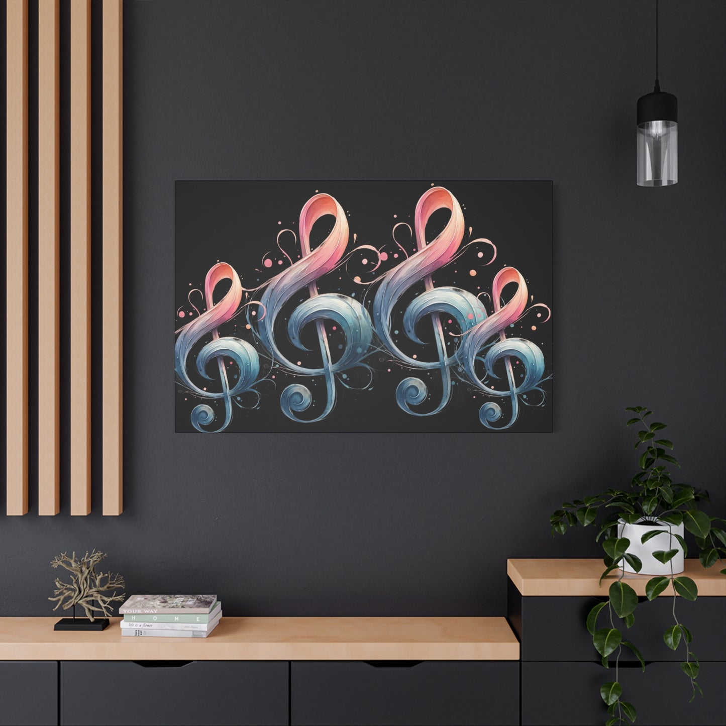 Musical Treble Clef Canvas Wall Art — Pastel Ribbon Notes on Black