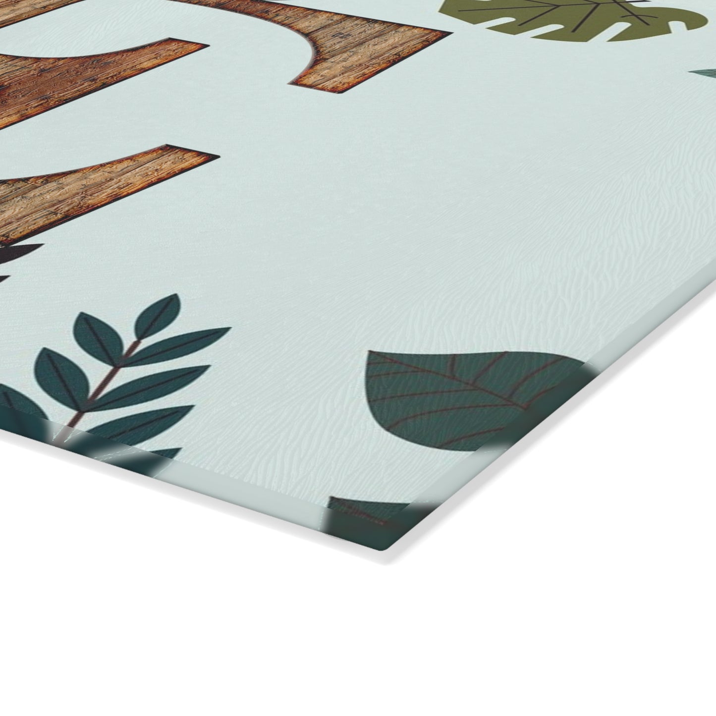 Monogram Glass Cutting Board — Rustic Wood ‘E’ with Tropical Leaf Border