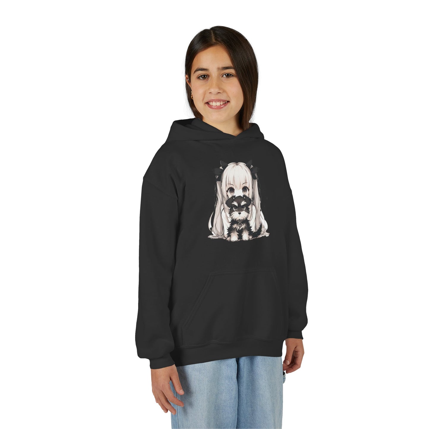 Cute Anime Girl & Puppy Youth Hoodie — Kawaii Kids Pullover for Anime Fans