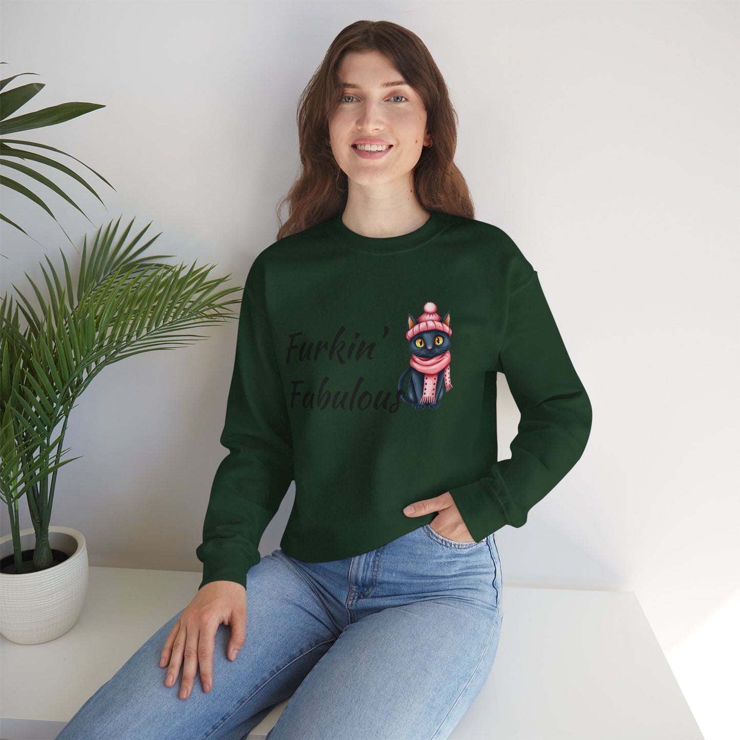 Crewneck Sweatshirt — "Furkin' Fabulous" Cute Black Cat in Pink Hat & Scarf