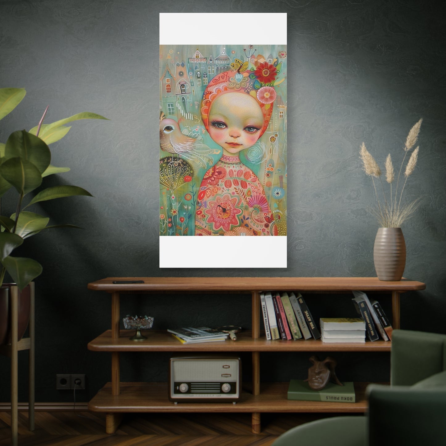 Whimsical Girl & Bird Matte Canvas Wall Art — Stretched Decorative Painting