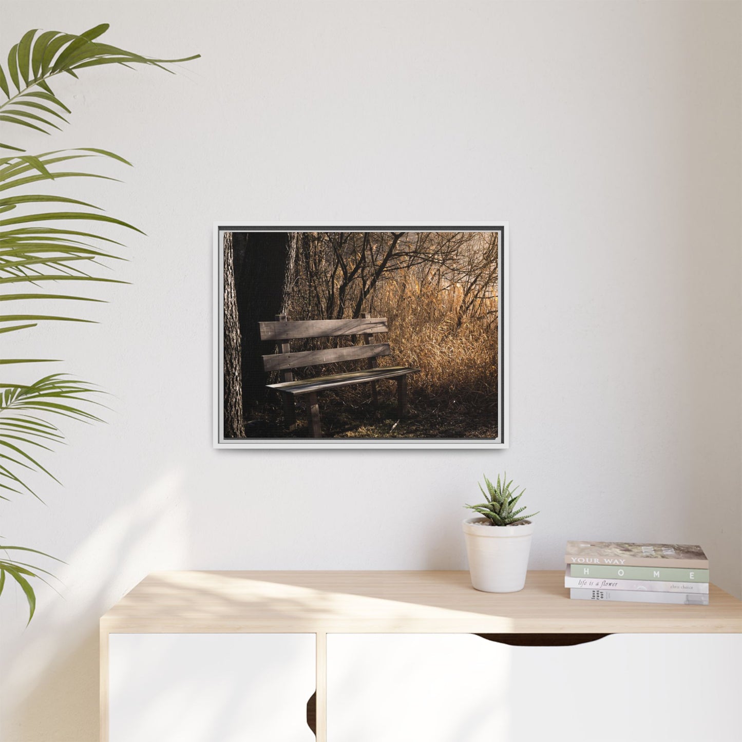 Framed Matte Canvas Print — Autumn Park Bench Photography