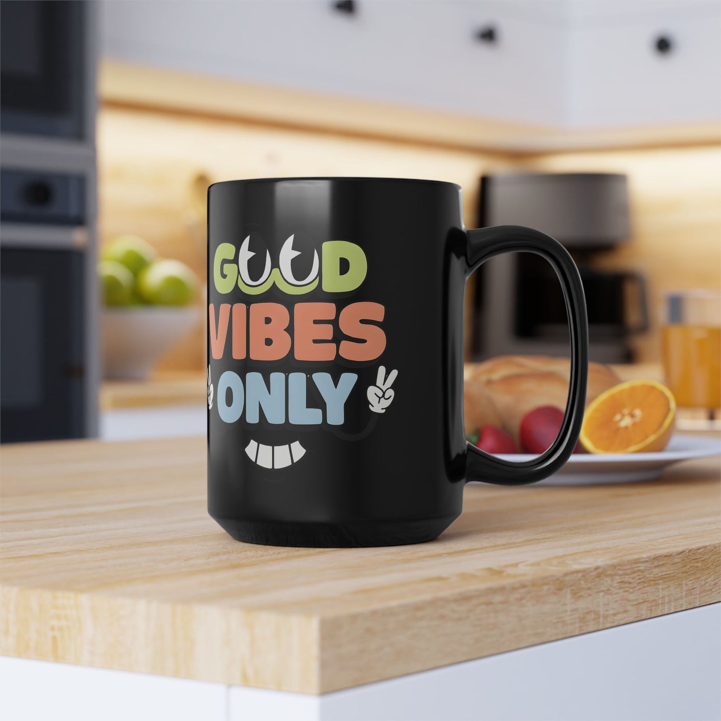 Good Vibes Only Black 15oz Mug — Retro Peace Sign Coffee Cup