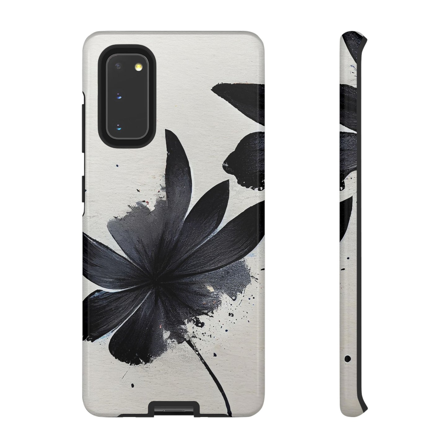 Monochrome Floral Tough Phone Case — Black Ink Flower Protective Cover