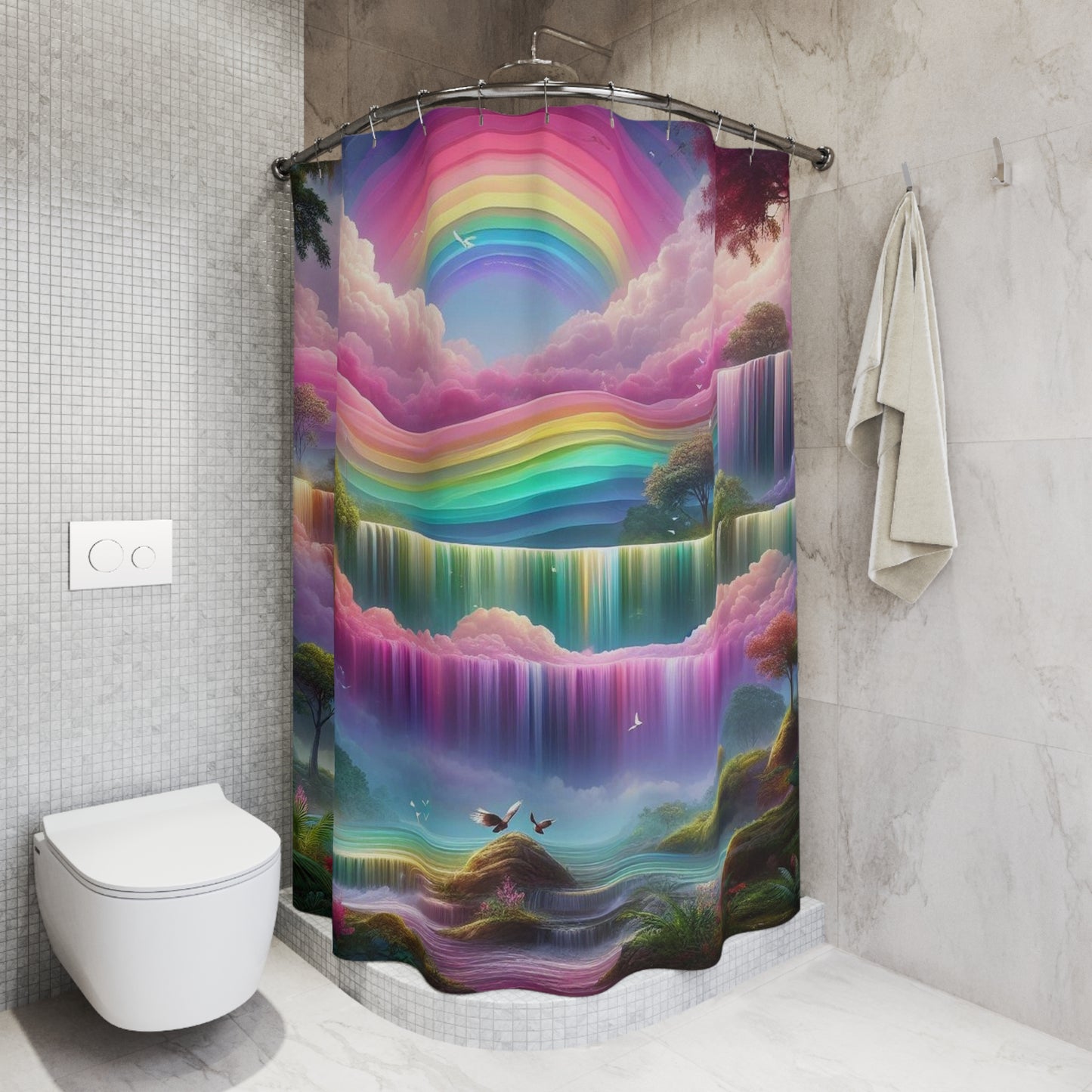 Rainbow Waterfall Shower Curtain — Dreamy Pastel Bathroom Decor