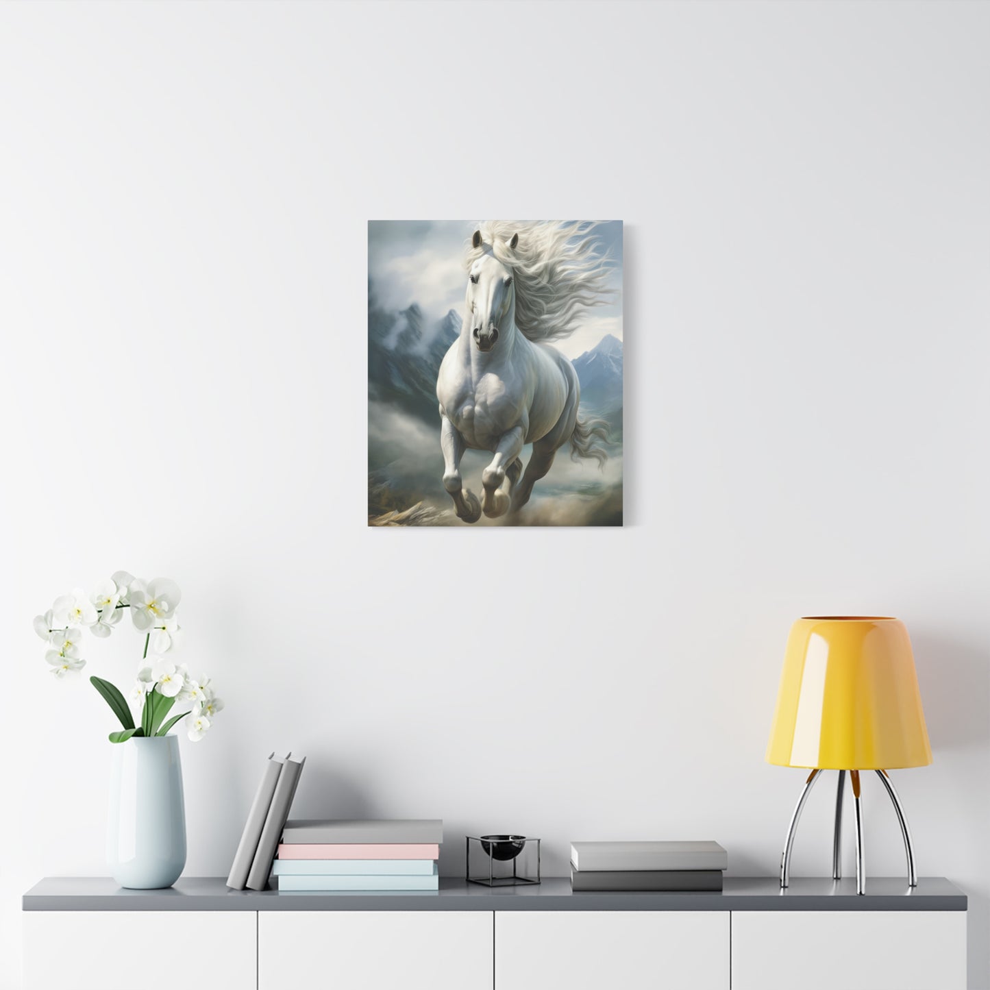 White Stallion Canvas Print – Majestic Galloping Horse Wall Art