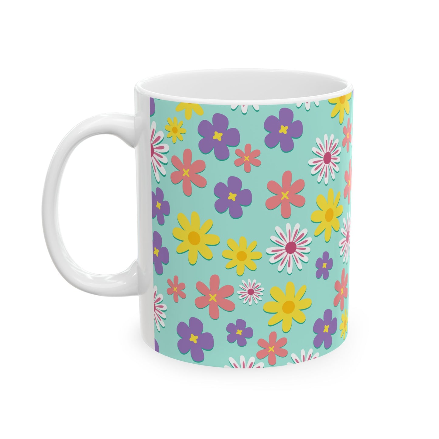 Turquoise Floral Pattern Mug — Colorful Daisy Coffee Cup (11oz & 15oz)