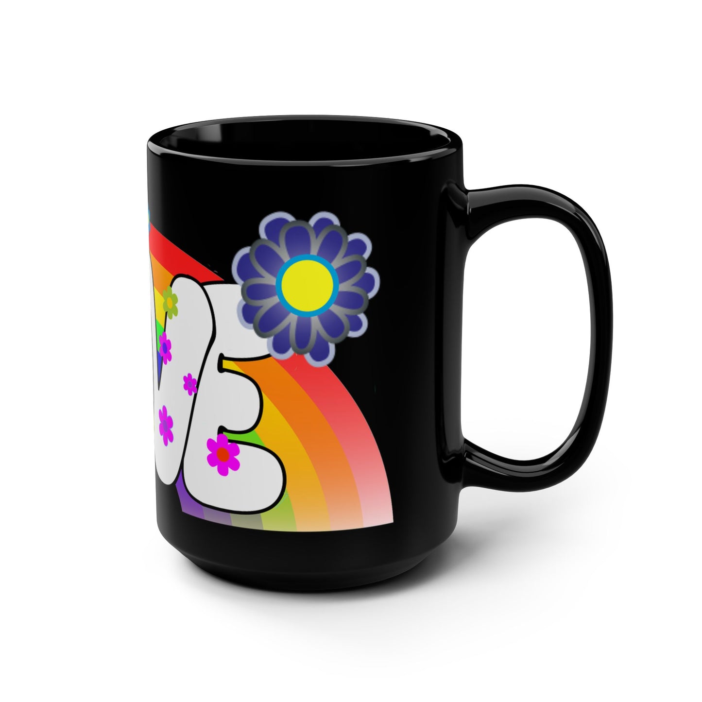 Love Rainbow 70s Flower Power Black 15oz Mug