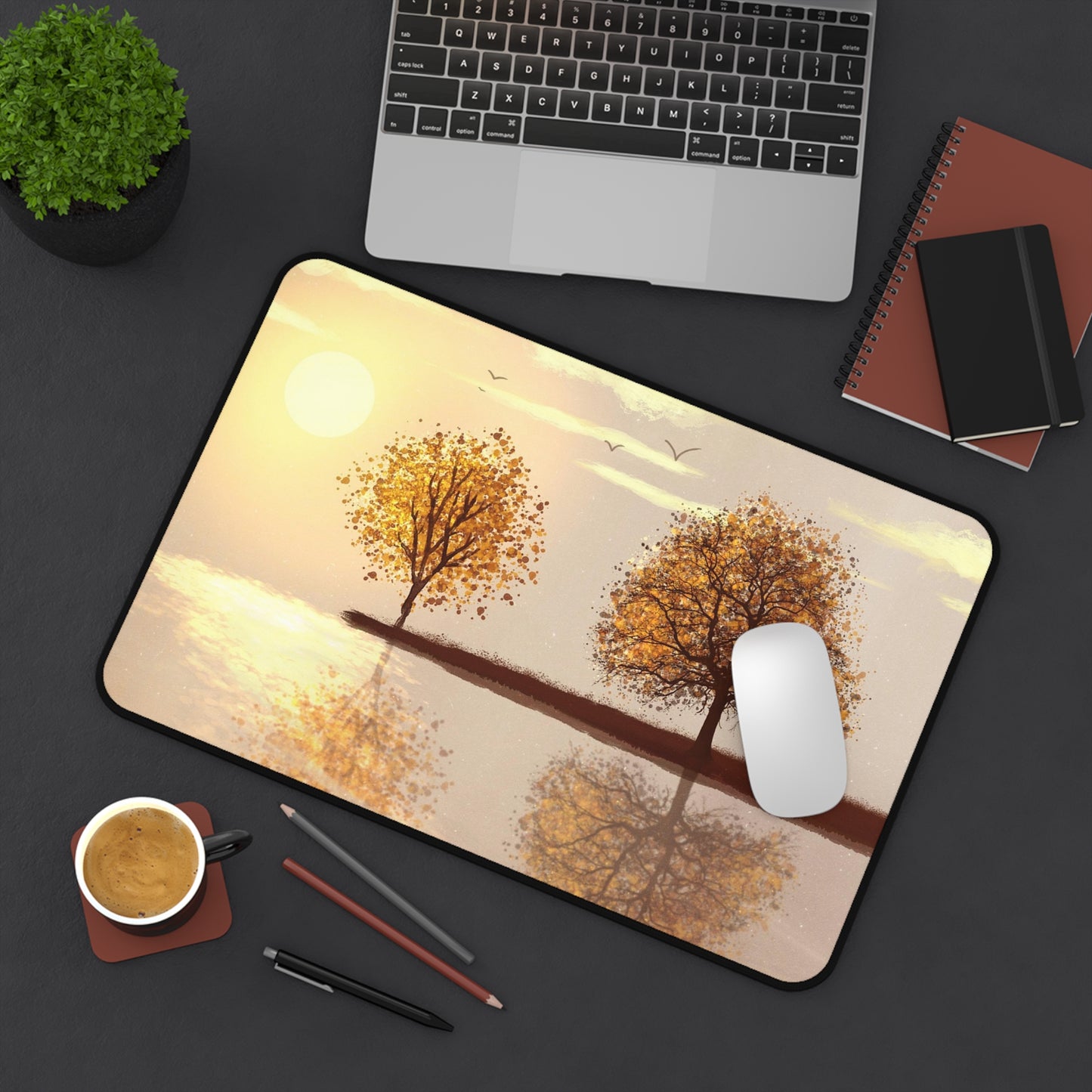 Autumn Reflection Desk Mat — Tranquil Sunset Tree Mouse Pad
