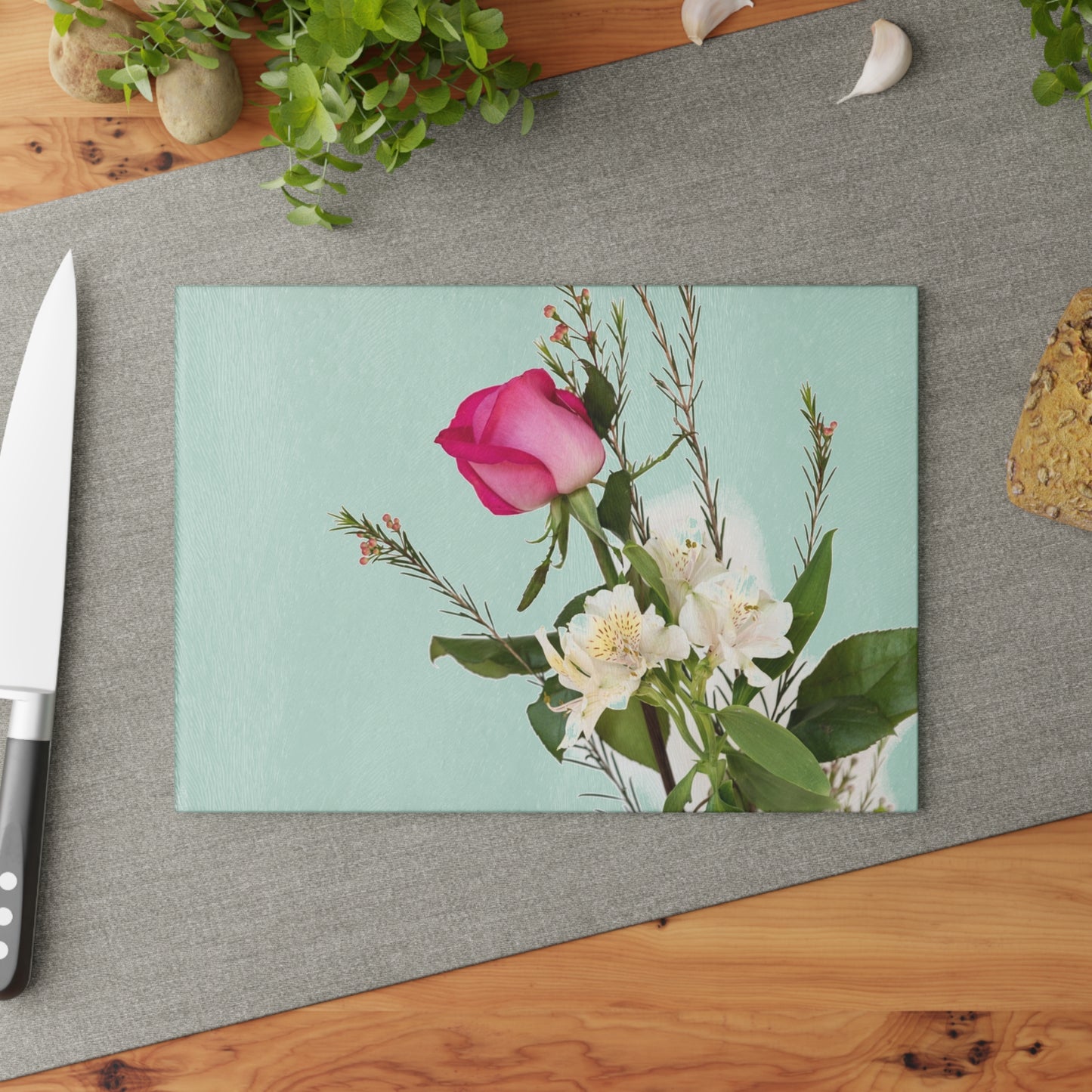 Floral Glass Cutting Board — Pink Rose on Mint Kitchen Prep Surface