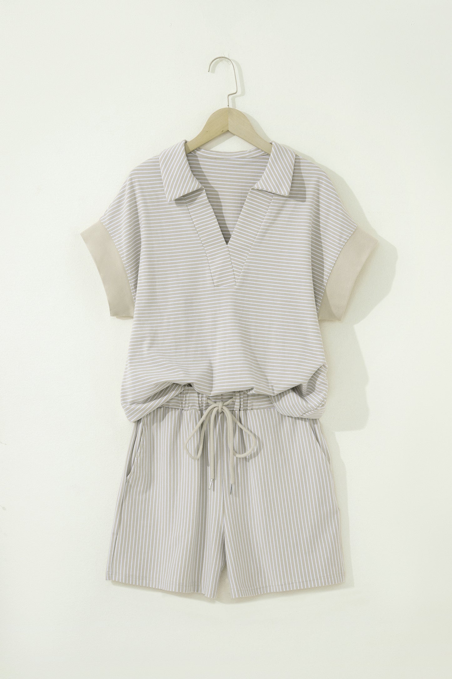 Khaki Stripe Dolman Sleeve Polo Shirt and Drawstring Shorts Set