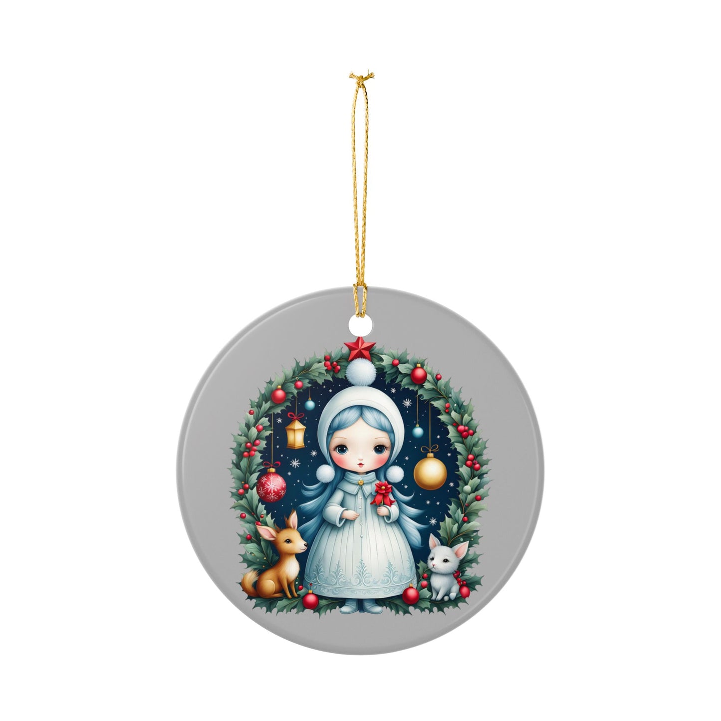 Snow Maiden Ceramic Christmas Ornament — Cute Winter Girl Wreath Design (2-Sided)